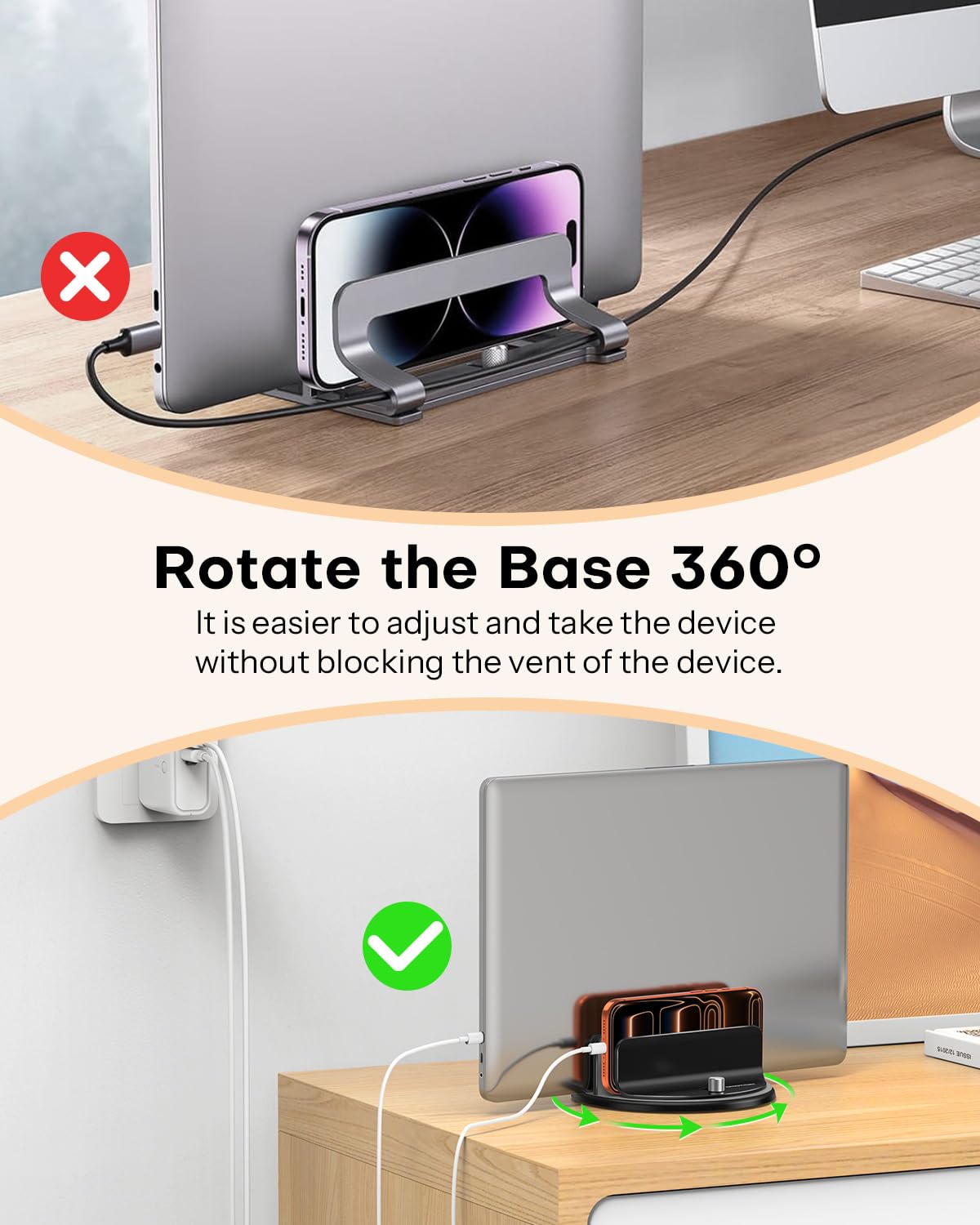 OMOTON 360° Rotating Vertical Laptop Stand Holder, Aluminum Dual-Slot Desk Organizer for MacBook & iPad, Sides Knob Adjustment (No Lost Screws), Holds Laptop, Tablet, Book & Keyboard, Fits up to 17.3"