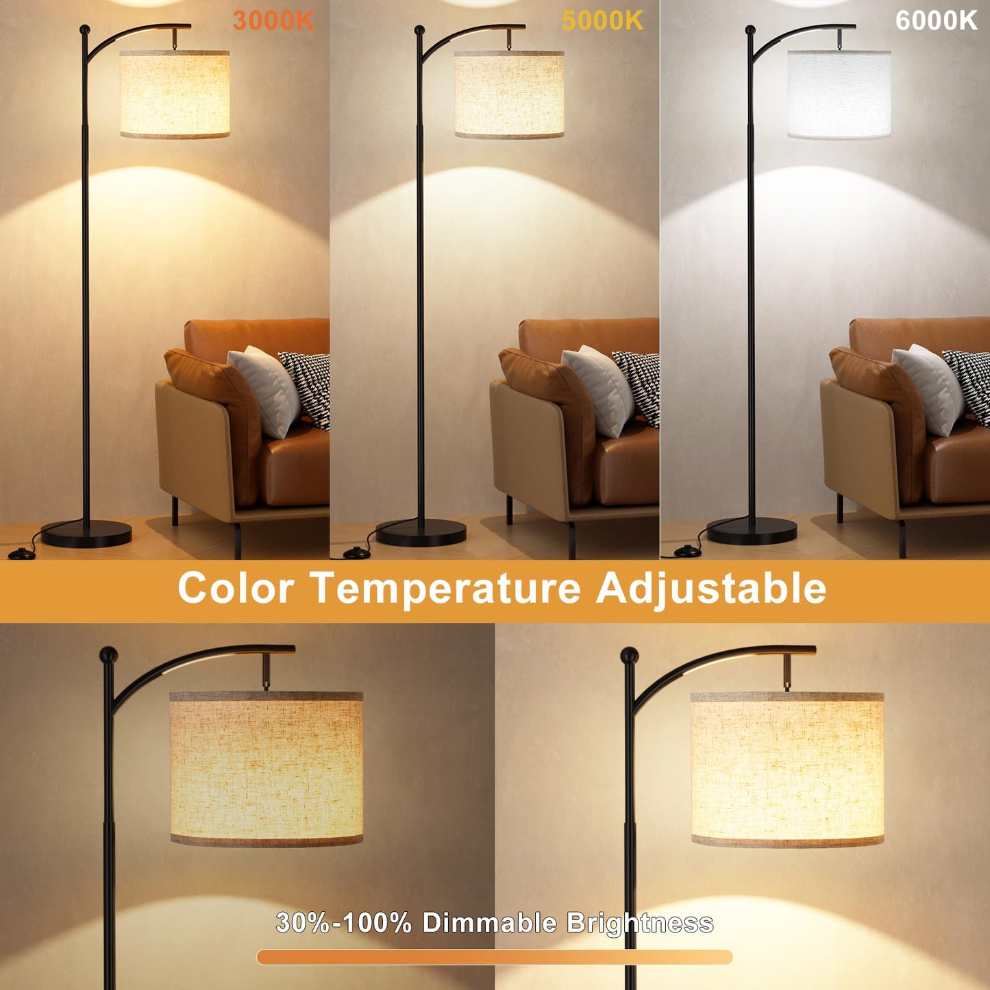 Ambimall Floor Lamp with Remote Control and Stepless Dimmable Bulb, Colors Temperature & Brightness Adjustable, Modern Floor Lamps for Living Room（Beige Shade & Black Pole）