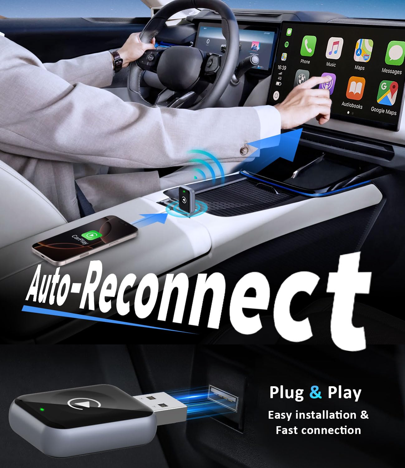MoKo for Apple Carplay Wireless Adapter (2025 Upgraded), Fast Auto-Connect, No Latency, Plug & Play, Bluetooth 5.3 & WiFi 6, Mini Wireless Car Play Adapter Dongle for iPhone 6~16 and Cars 2015+