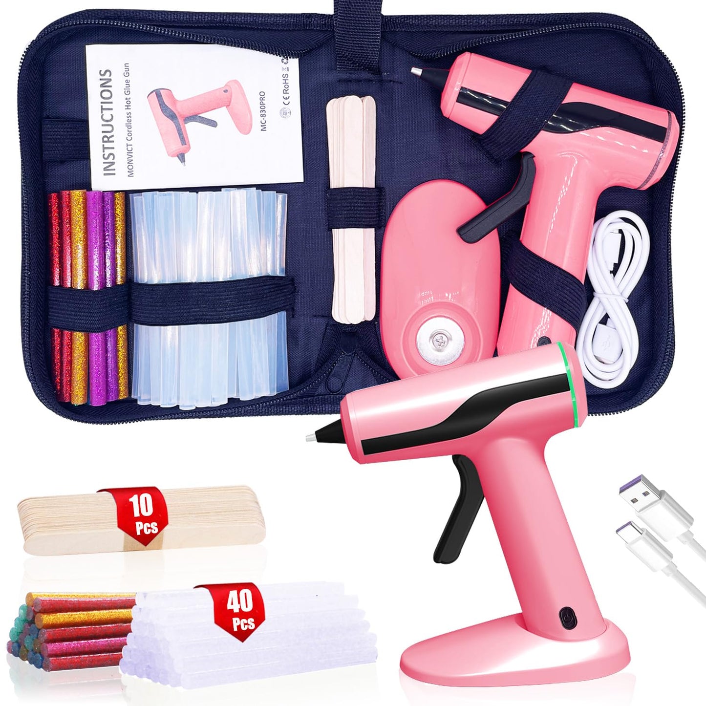 MONVICT Cordless Hot Glue Gun Kit, USB-C Rechargeable Mini Pink Glue Gun with 40 Pcs Premium Glue Sticks, 10 Pcs Craft Sticks, Carrying Case, Smart Power-Off Hot Melt Glue Gun for DIY Craft Gift