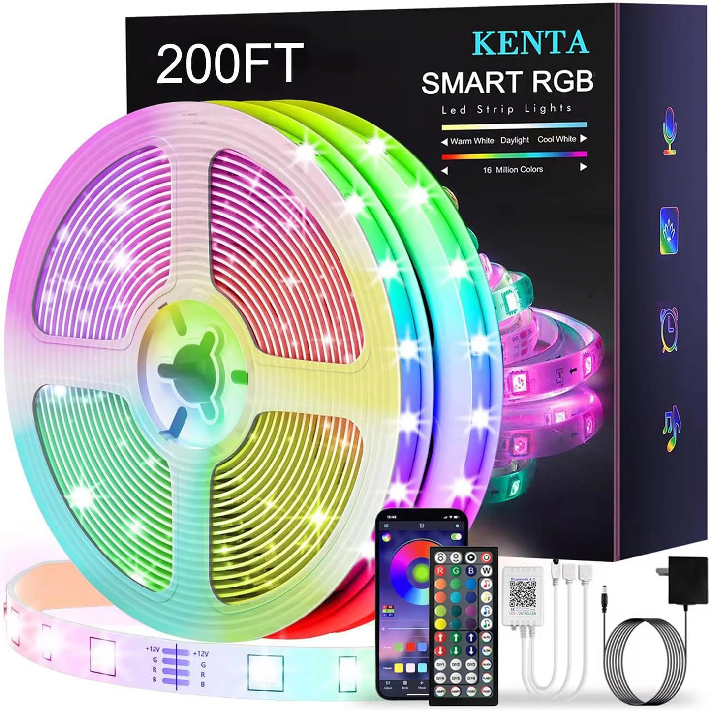 KENTA Led Strip Lights 200ft (2 Rolls of 100ft) Smart Light Strips with App Control Remote, 5050 RGB Led Lights for Bedroom, Music Sync Color Changing Lights for Room Party…