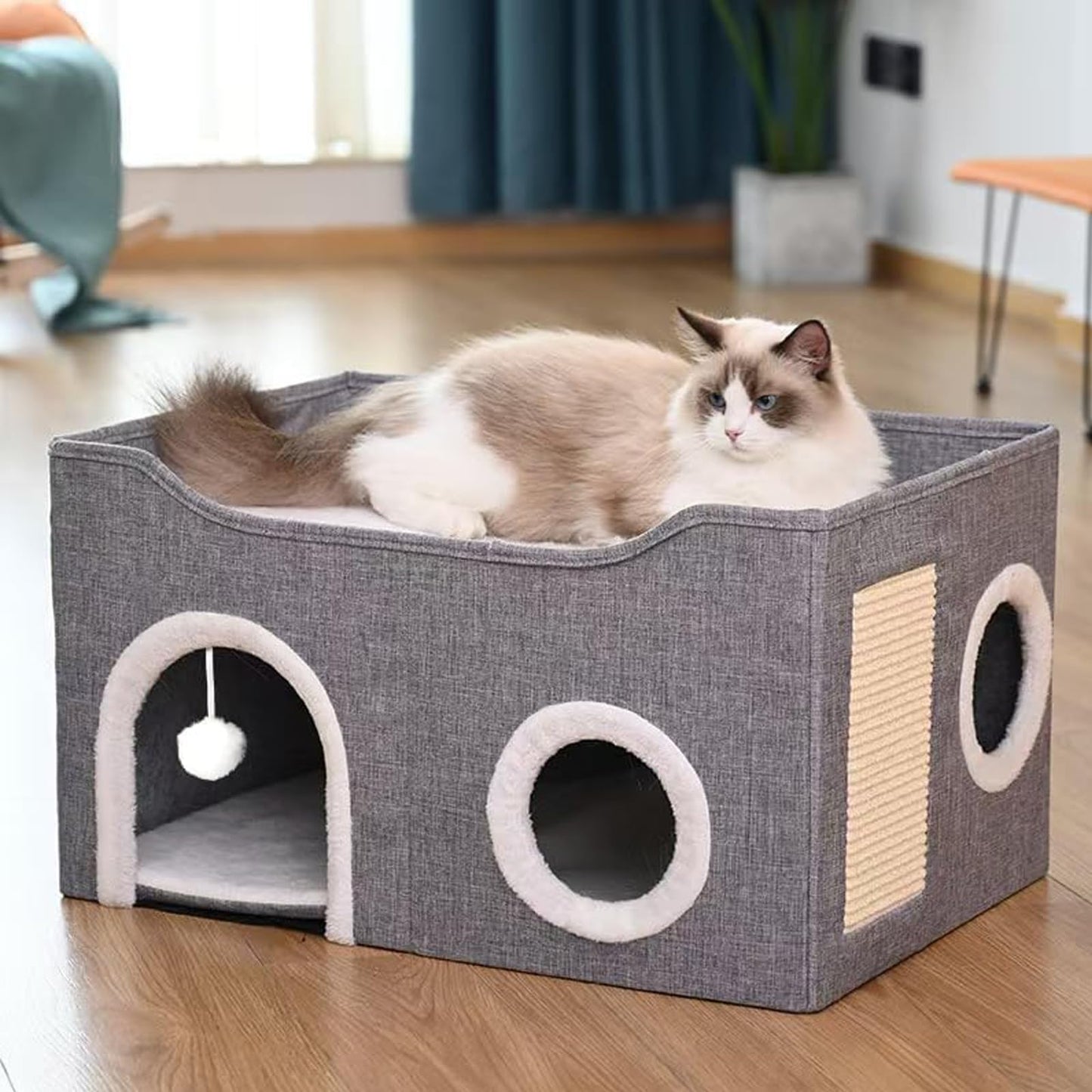Large Cat House Indoor, Lavish Cat Cave Bed for Big Cats, Collapsible Hideaway with Scratching Area, Enclosed Cat Bed for Indoor Cats (Extended Dark Gray, Large Size)