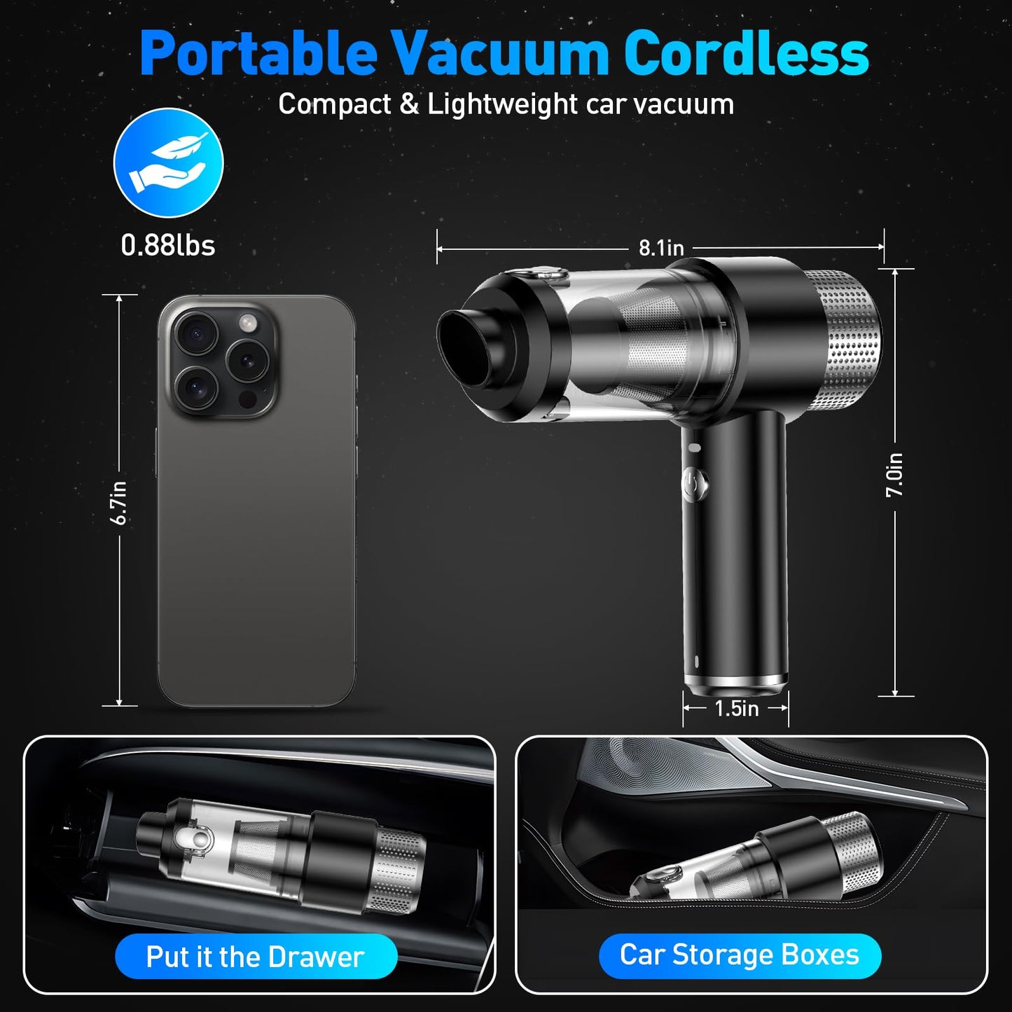 SHLNLI Mini Vacuum Cleaner, 16000PA Car Vacuum Cleaner Portable Cordless with LED Light, 4 in 1 Air Duster and Handheld Small Vacuum Rechargeable for Car, Home, Office, Pet（Black）