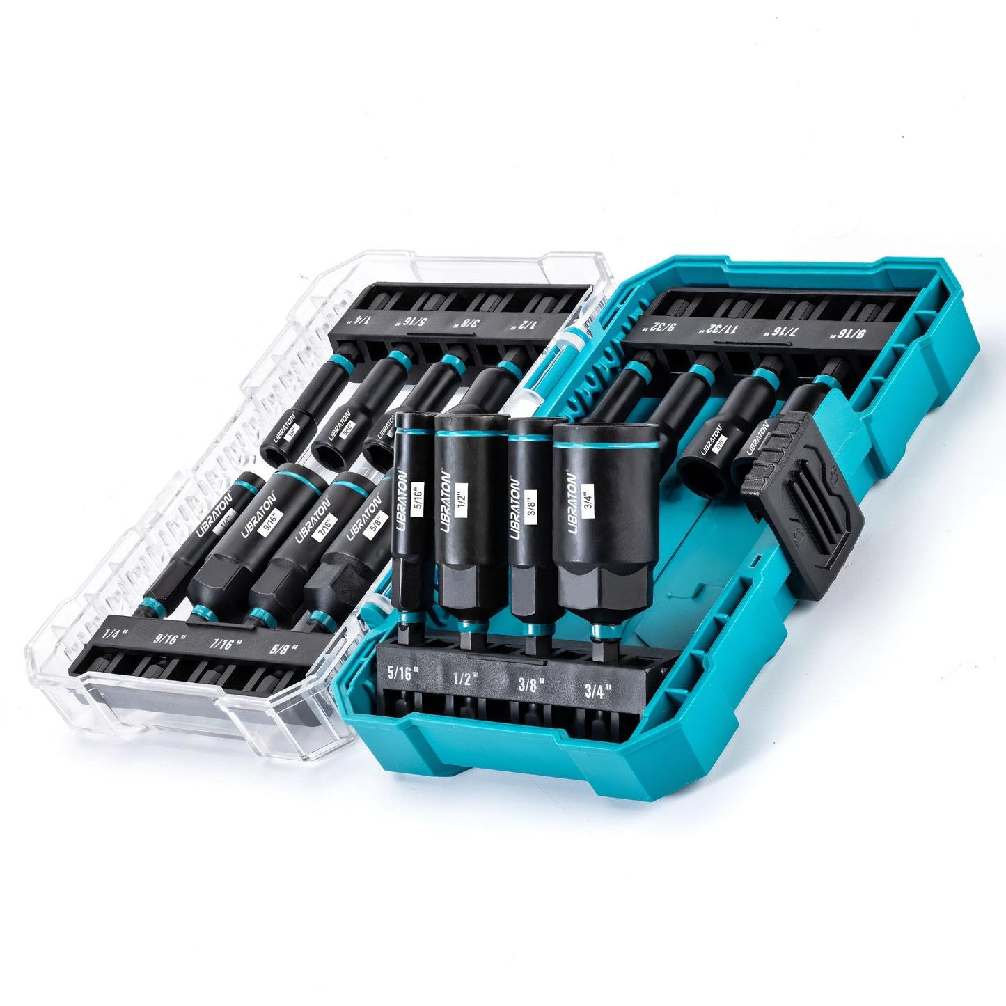 LIBRATON Magnetic Nut Driver Set, 16PCs Impact Driver Bit Set, Deep Nut Driver Set, SAE Nut Driver for Impact Drill, 1/4"-9/16" Nut Drivers and 1/4"-4/3" Deep Nut Drivers, with Toolbox for Car Repairs