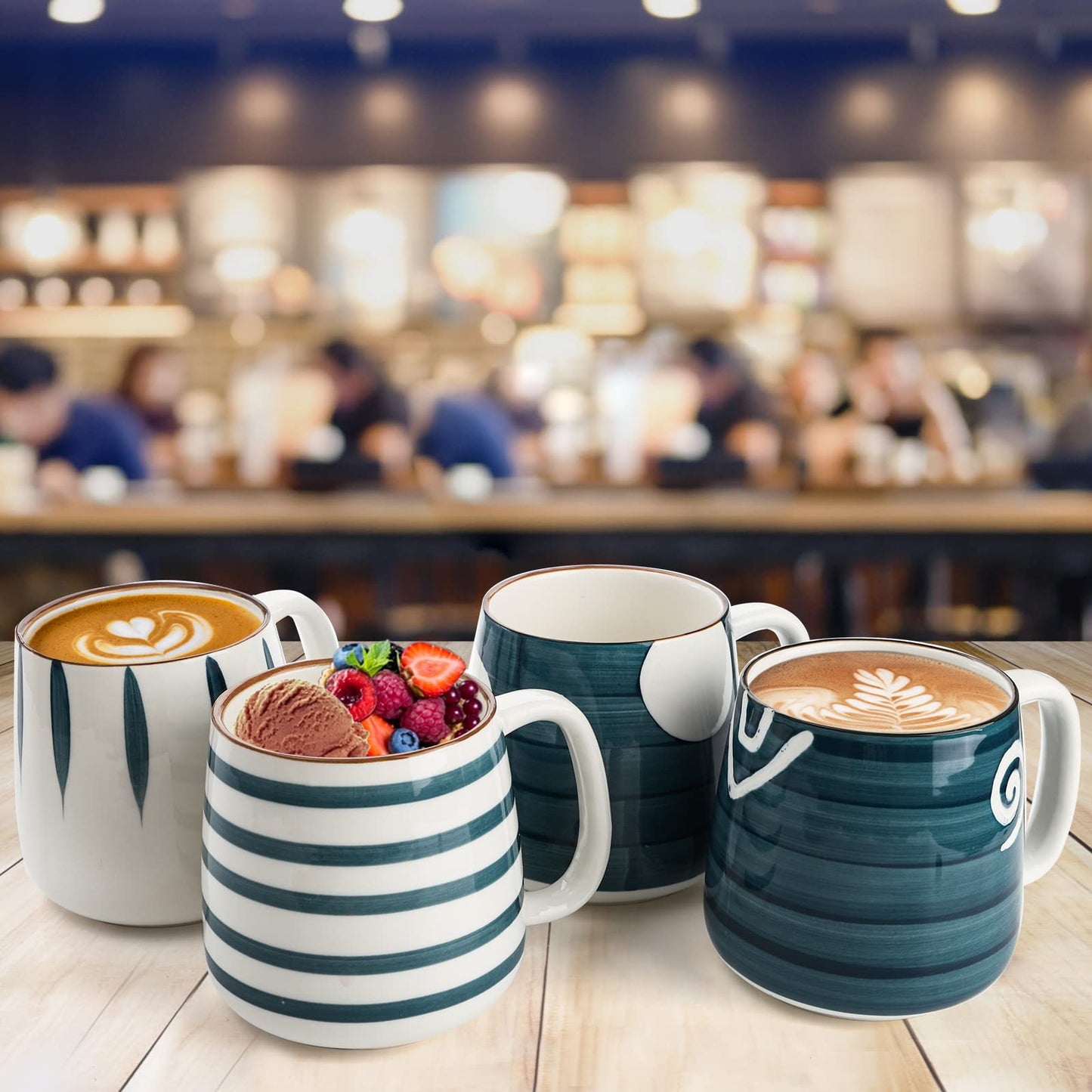 DEAYOU Set of 4 Porcelain Coffee Mugs, 500 ml/17 Oz Ceramic Coffee Cups with Handles, Large Hand-Painted Tea Cups for Cappucino, Milk, Latte, Cocoa, Hot or Cold Drinks, Microwave & Dishwasher Safe