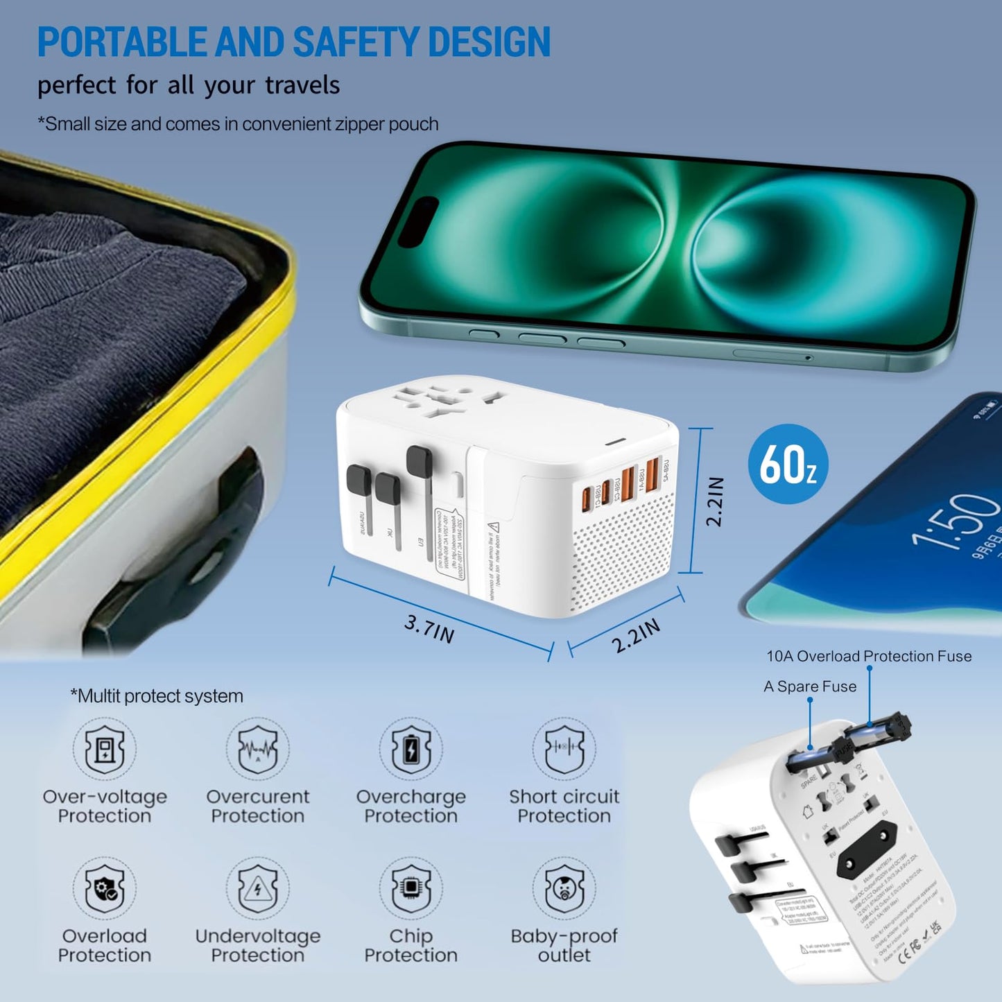 220V to 110V Converter Voltage Converter US to Europe Voltage Converter for Hair Dryer with 2 USB A and 2 USB C, European Travel Adapter Power Converter Adapter Combo from US to Italy UK AUS