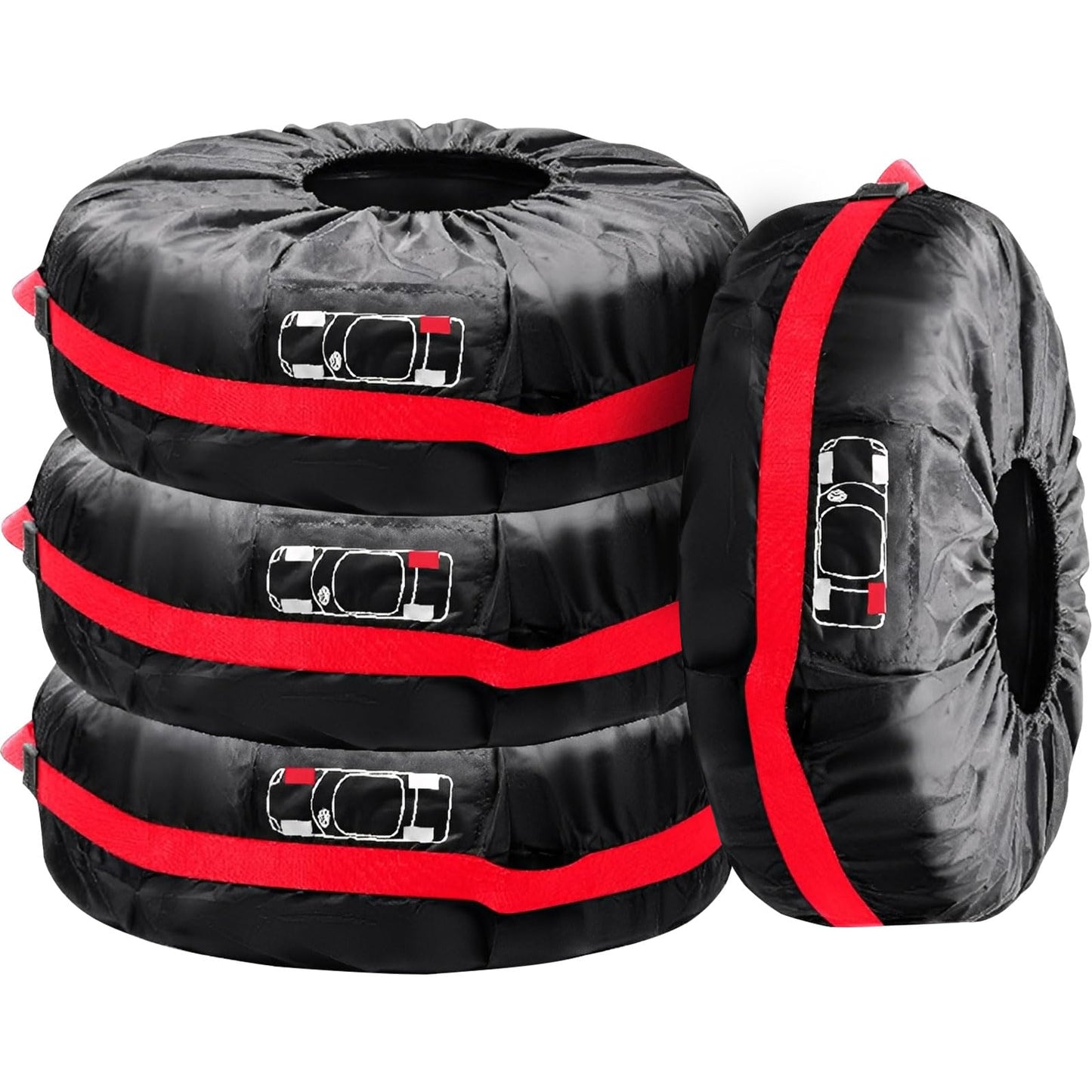 4PCS Tire Cover, Heavy Duty Outdoor Waterproof Dustproof Tire Wheel Protector for Trailer Tire Totes, Polyester Wheel Tires Storage Bags, Wheel Covers Fit for 19"-23" Tyres (Diameter 80cm)-Black/Red