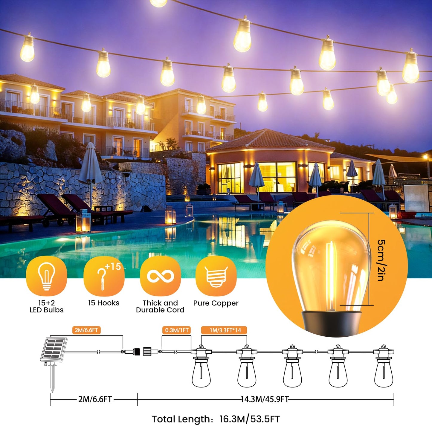 Quntis 53ft 15+2Bulb Solar String Lights Outdoor, 8 Lighting &4 Dimming Mode, USB-C & Solar Powered Patio Light String Outdoor, Digital Power Display, Waterproof Solar Light for Backyard Garden Gazebo