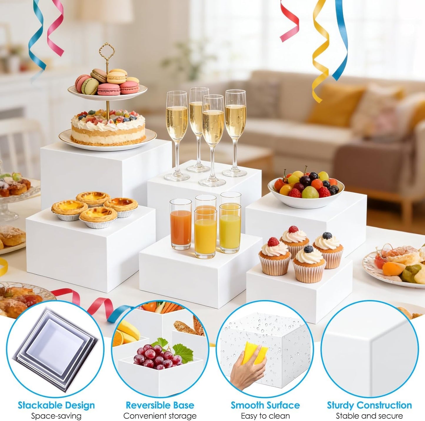 6 Pcs Acrylic Buffet Risers, 3x4x5x6x7x8 Inch Food Risers for Buffet Table, Catering Dessert Cake Holder for Party, Collectibles Jewelry Display Shelf, Stackable Cube Boxes Display with Hollow Bottoms