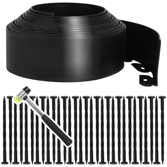 33FT Garden Edging Border, 4 Inch Height No Dig Lawn Edging Kit with 30 Spikes and Hammer, Plastic Landscape Edging for Yard, Flower Beds, and Pathways - Black