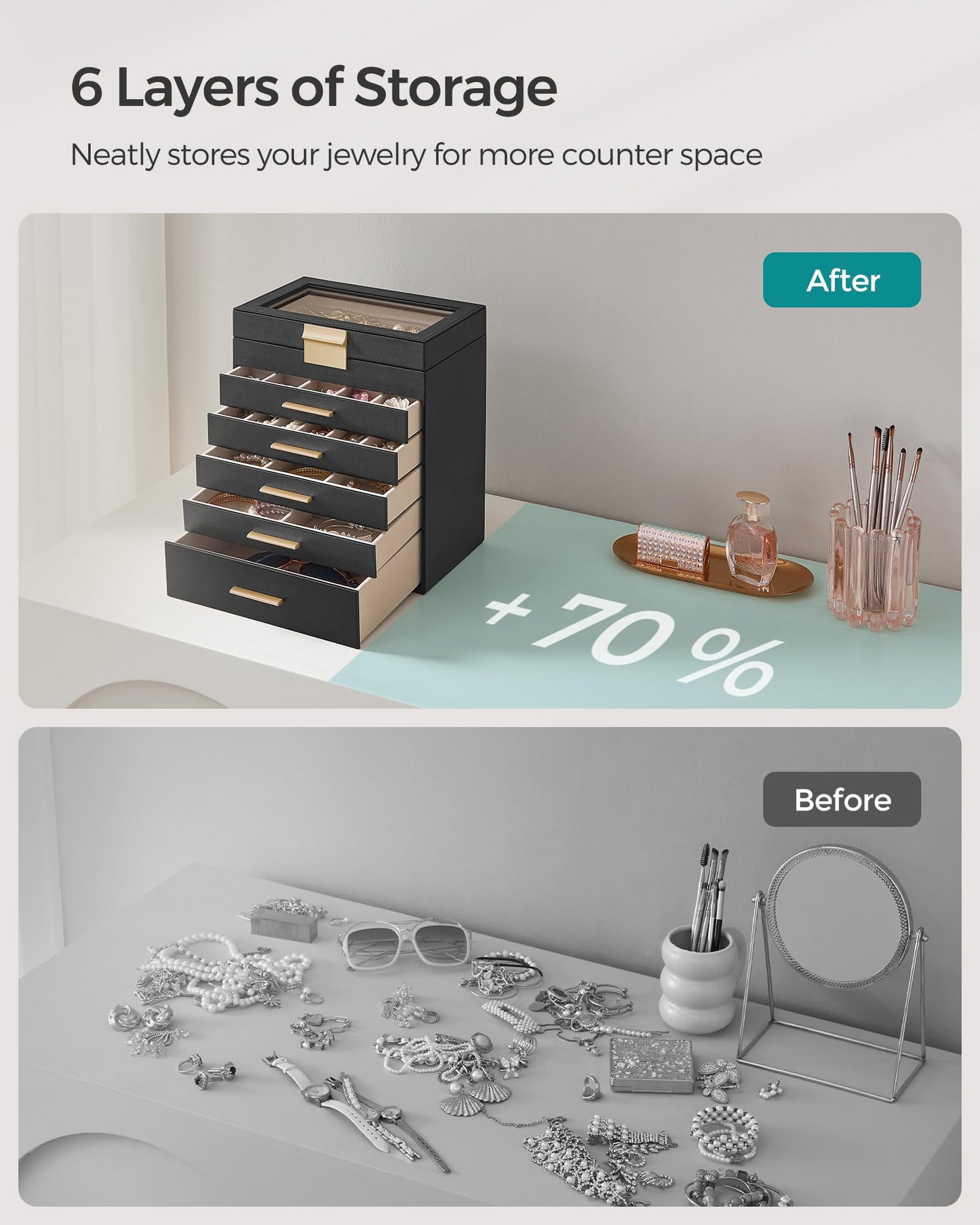SONGMICS GISELLA Collection - Jewelry Box Organizer, 6-Layer Jewelry Storage with 5 Drawers, Shiny Metal Hardware, Glass Lid, Modern, 16.3 x 25.1 x 29 cm, Ink Black and Gold Color UJBC171B01