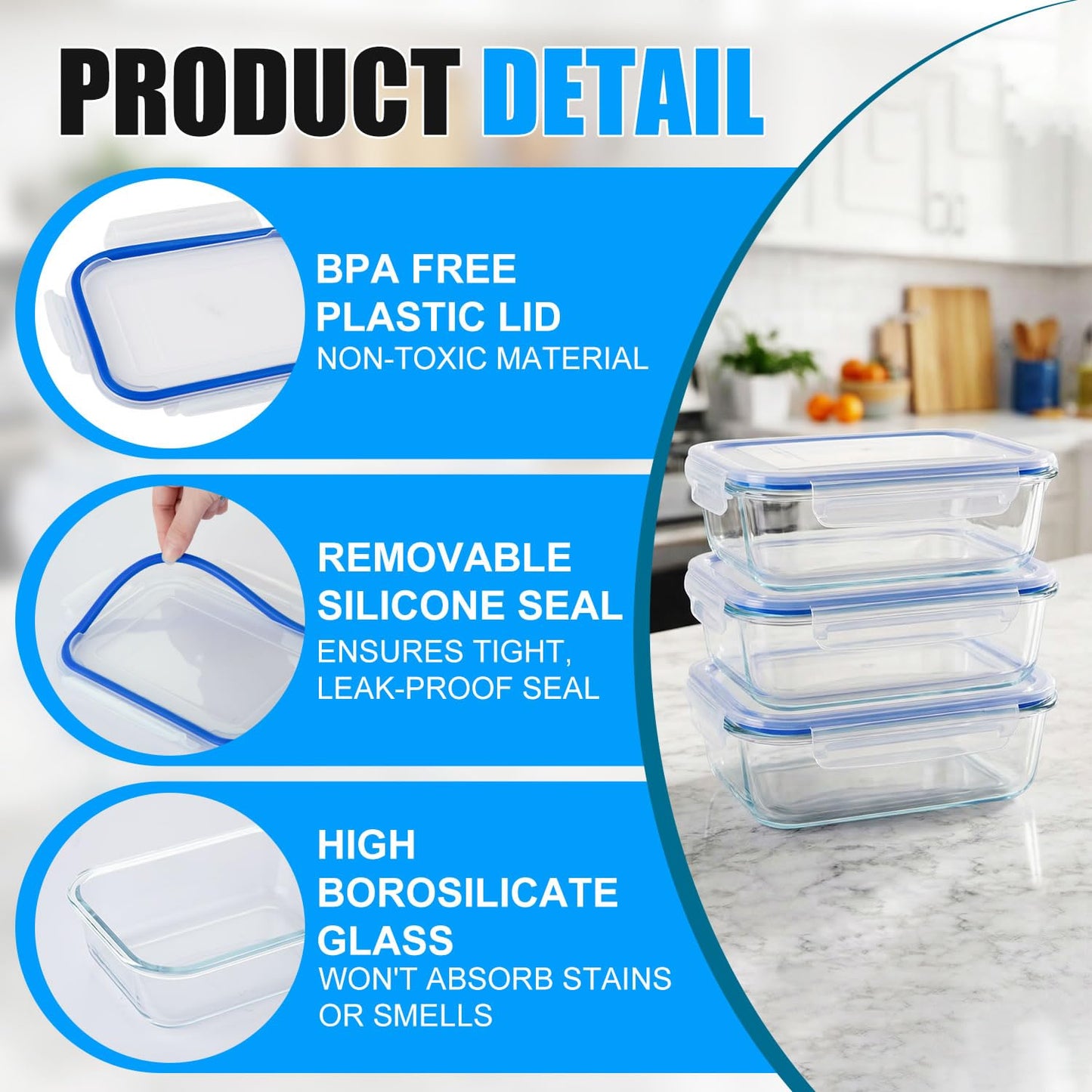 Stelive 10 Pack 1040ML Glass Food Storage Containers, Glass Meal Prep Containers, Airtight Lunch Bento Box with Leakproof Lids for Kitchen Storage & Organisation, for Microwave, Oven & Freezer