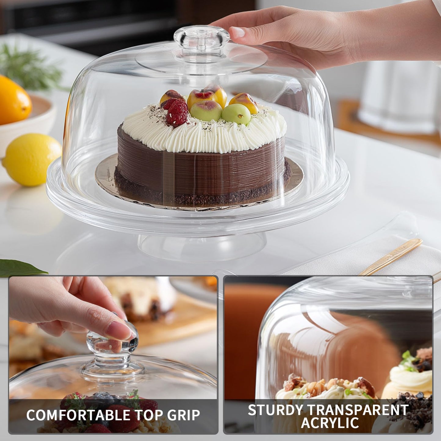 Cake Stand with Demo Cover, 6 in 1 Multi-Functional Serving Platter Display Stand for Christmas Wedding Party, Acrylic Cake Plate/Salad Bowl/Dessert Platter, BPA-Free, Send 1 Fork and 1 Spoon