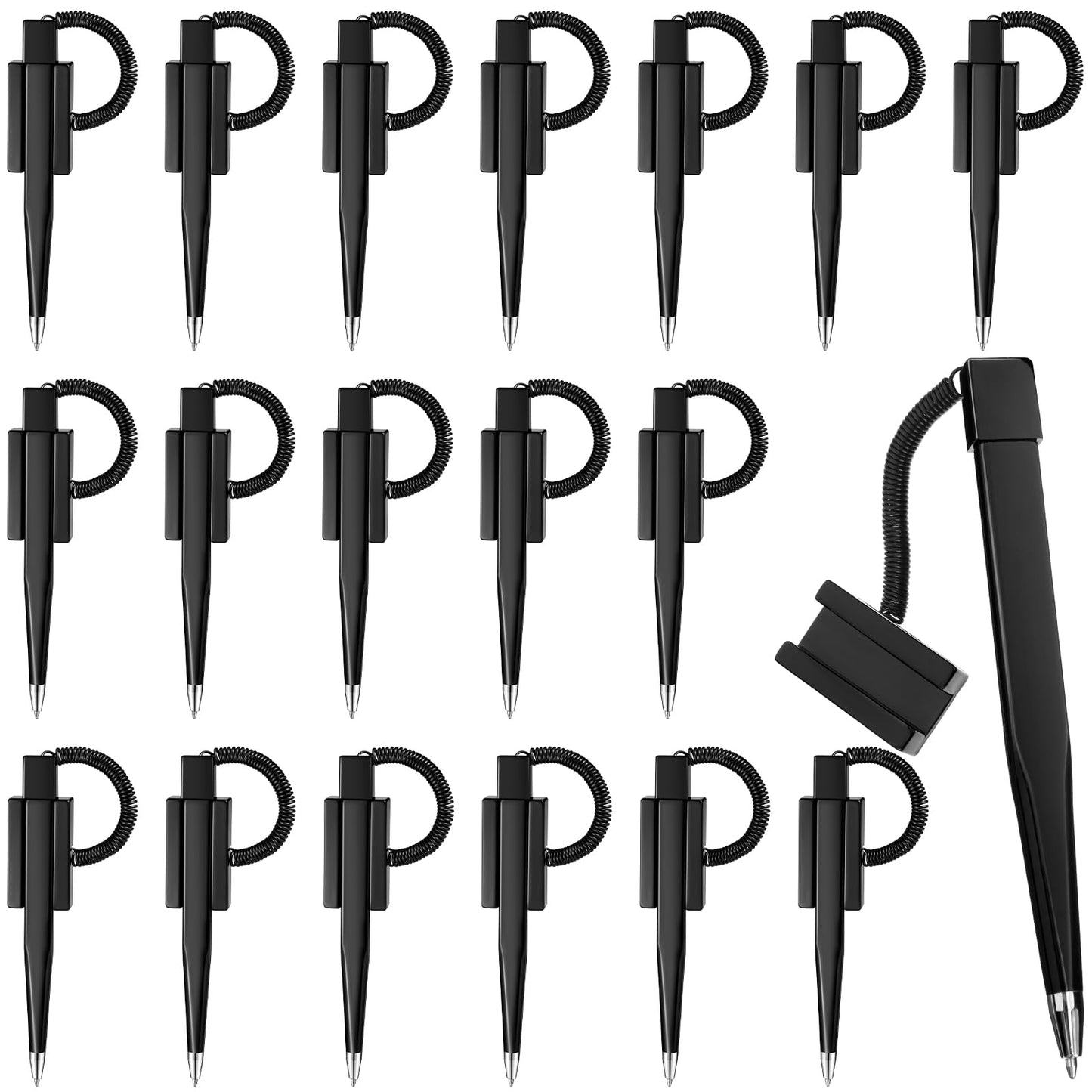 Zonon 48 Pieces Secure Counter Pens with Adhesive Chain Black Ink Counter Pen with Base Pen Holder and Plastic Coil Reception Pens for Home Bank Office Hotel Supplies