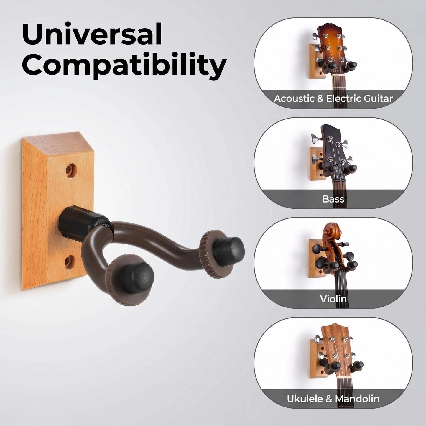 Guitar Wall Mount Hanger 6 Pack, Hardwood Guitar Hanger Wall Hook Holder Stand Display with Screws - Easy to Install - Fits All Size Guitars, Bass, Mandolin, Banjo, Ukulele