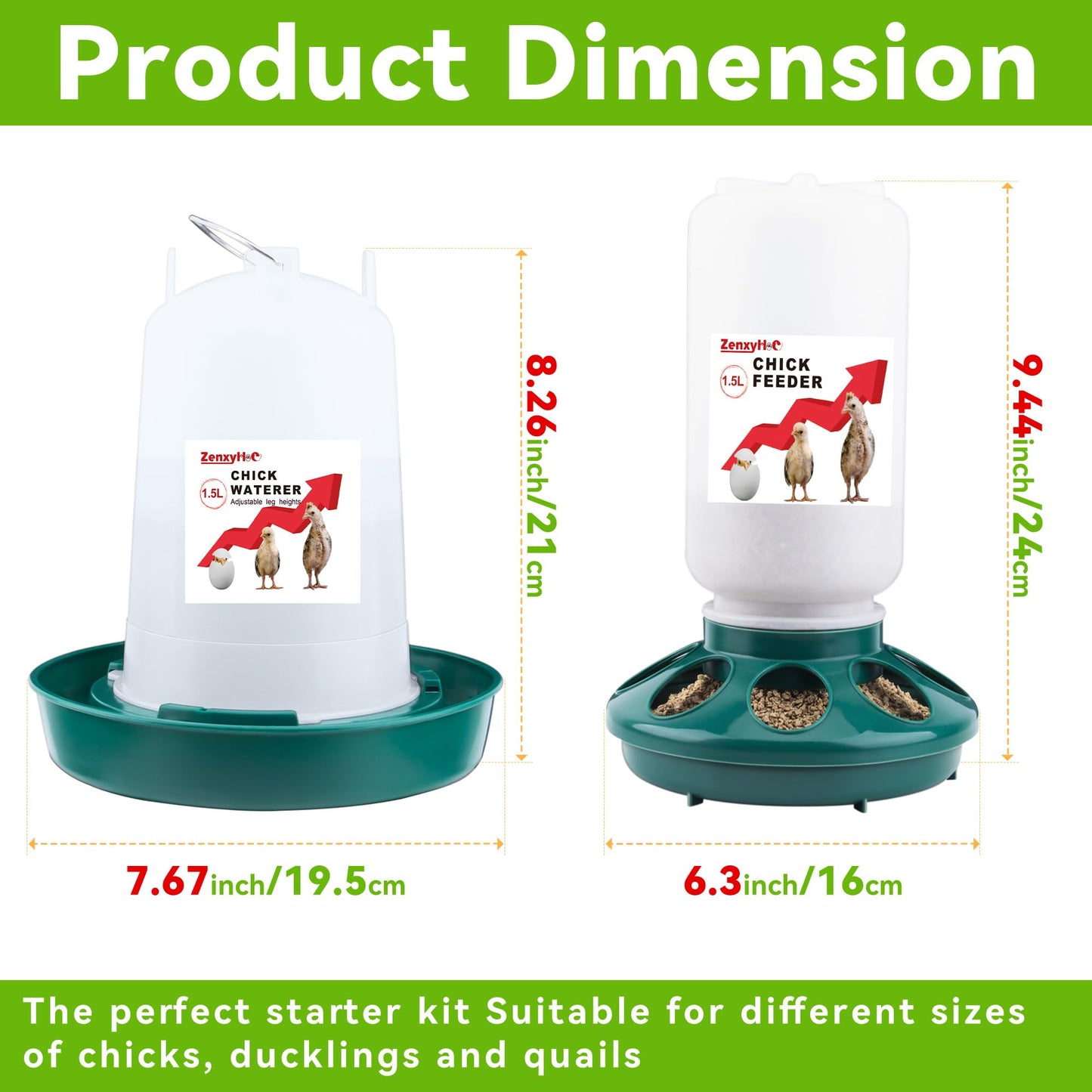 ZenxyHoC Chick Feeder and Waterer Set, 1L Feeder and 1.5L Waterer with 3 Adjustable Heights for Baby Chicken Duck Brooder