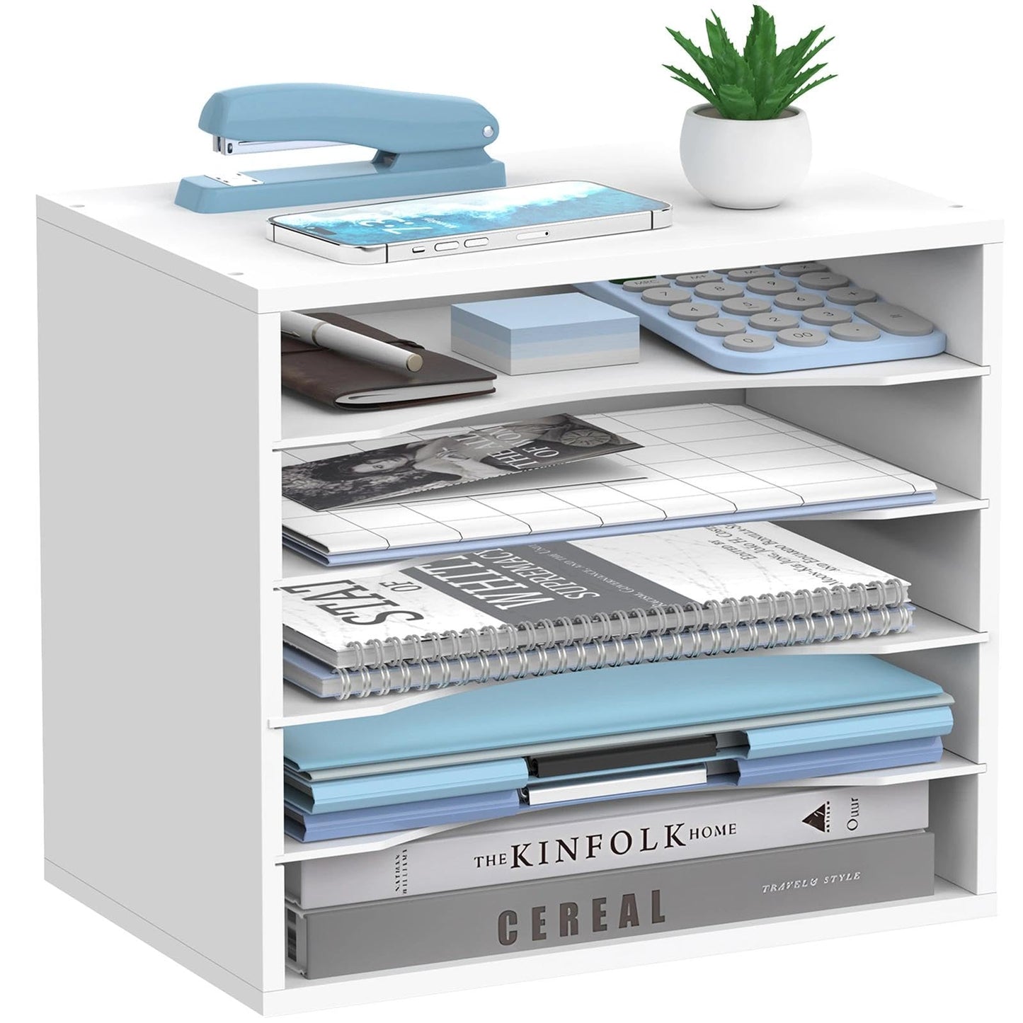 SHARKWOODS 5-Tier Wood Desk Organizer, Paper Sorter for Desktop with Adjustable Storage Shelves, Desktop Mail Holder for Office Home Classroom, White