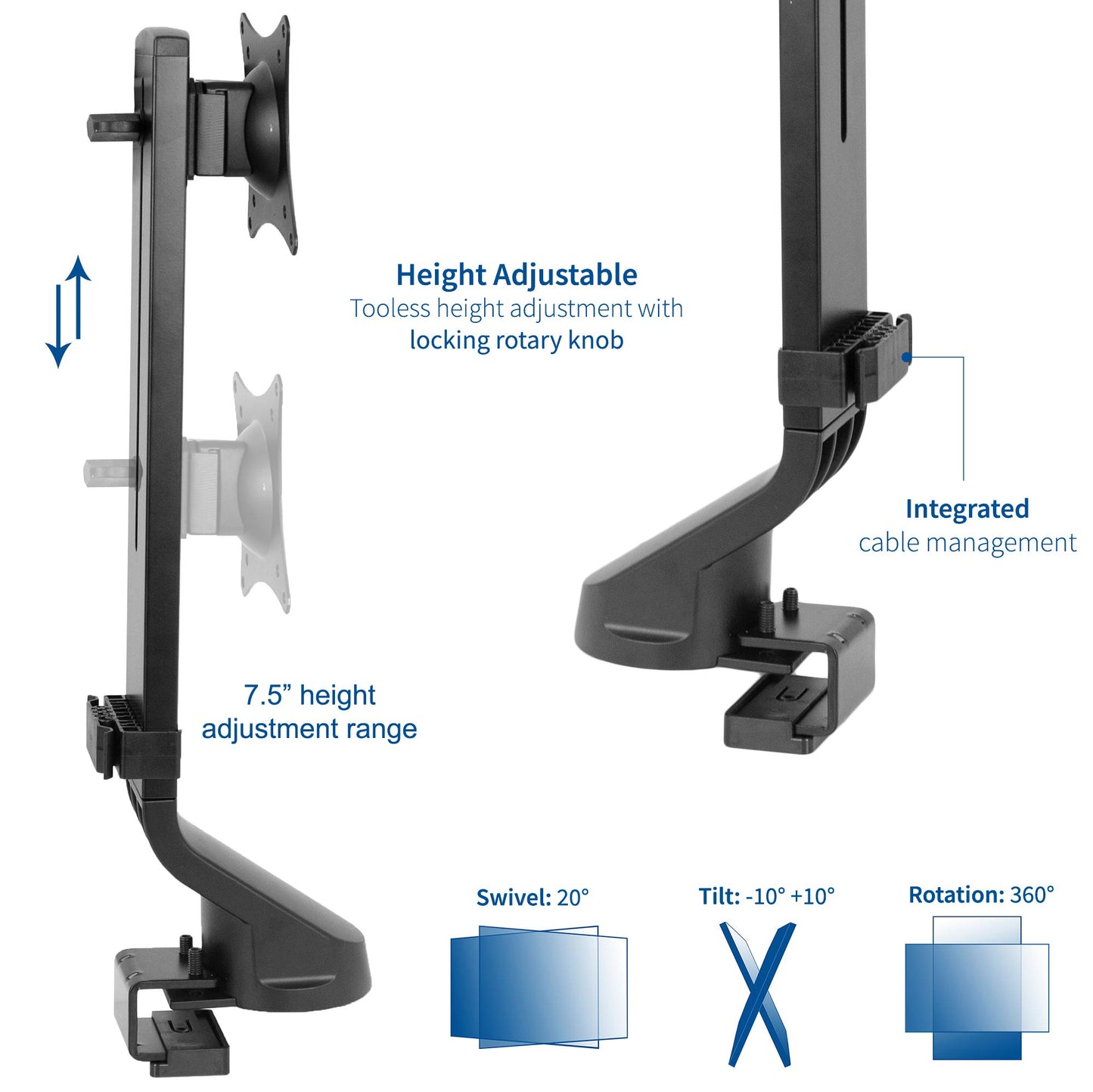 VIVO Black Adjustable Single Monitor Mount for Sit-Stand Workstation, Desk Converter, Monitor Arm Fits 1 Screen up to 32 inches STAND-V001U
