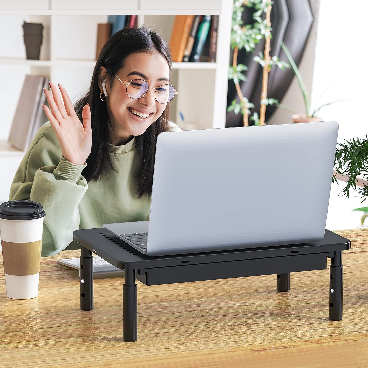 WALI Monitor Stand Riser, Adjustable Laptop Stand Riser, 3 Height Adjustable Computer Stand with Drawer, Underneath Storage for Office, Home, School Supplies (STT003D-2B), 2 Pack, Black