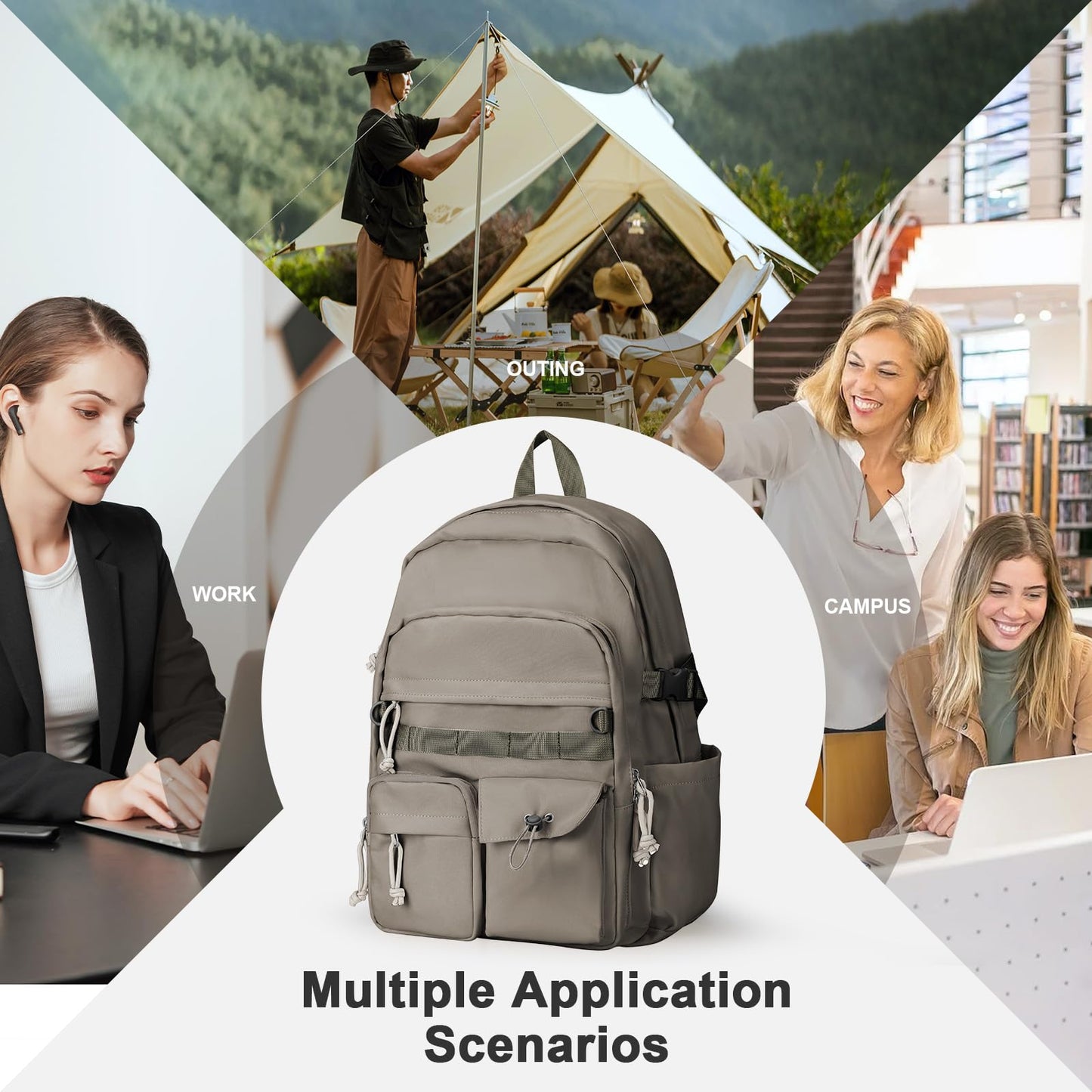 Lightweight Backpack for Women Casual Backpack College High School Bookbag Water Resistant Laptop Bag for Men Travel Daypack for Sports Work C6-Grey Brown