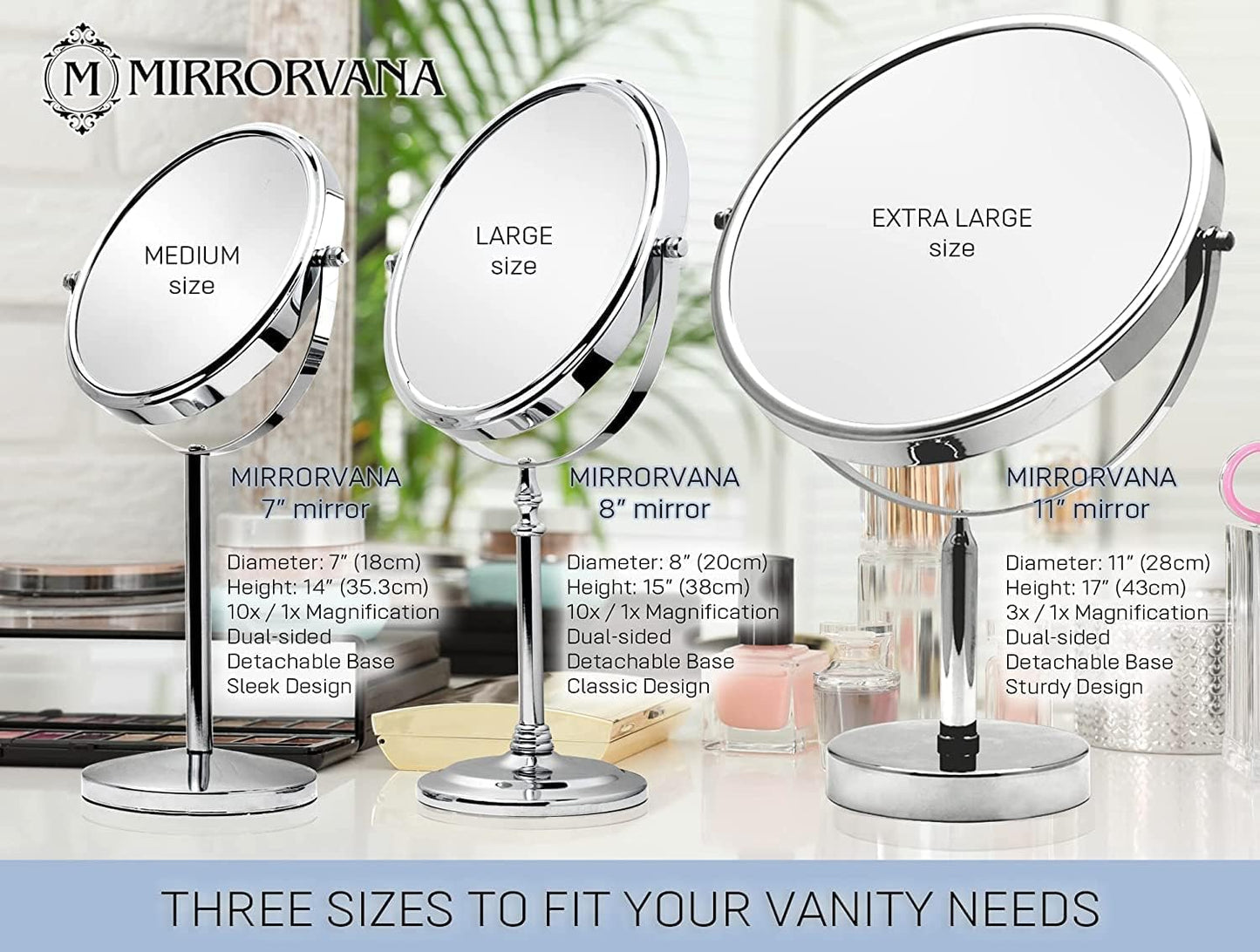 3X Magnifying Mirror on Stand - Round Makeup Table Mirror for Vanity, Bathroom and Retail Store - 3X and 1X Magnification - 28cm Wide, 43cm Tall
