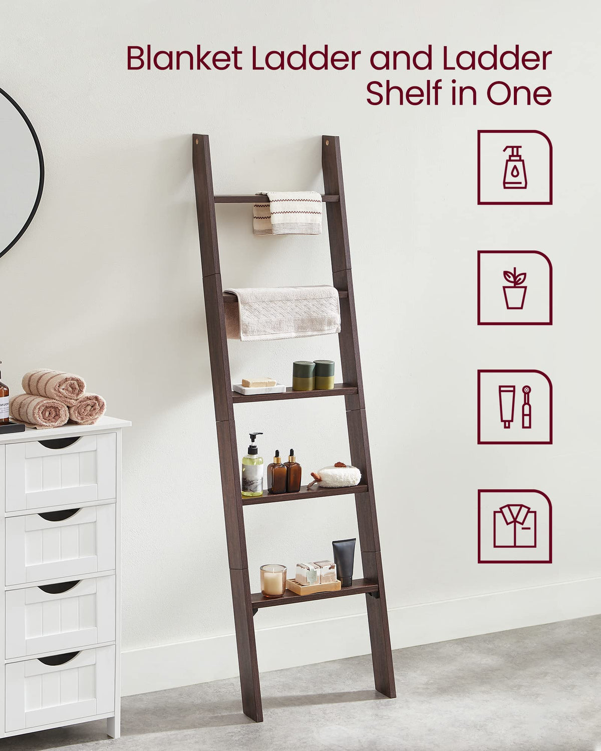 VASAGLE CUSTOS Collection - Blanket Ladder Decorative Farmhouse for the Living Room, 5-Tier Ladder Shelf, Ladder Rack for Storage and Decor, Maroon Brown ULLS018T51V1