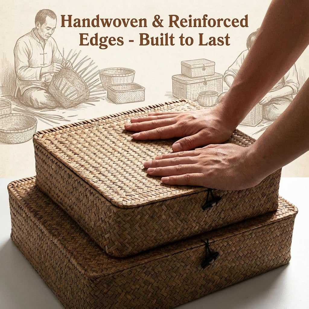 Elsjoy 2 Pack Flat Seagrass Storage Bins with Lid, Wicker Woven Storage Basket Set, Rattan Organizer Bins for Shelf, Closet, Bedroom