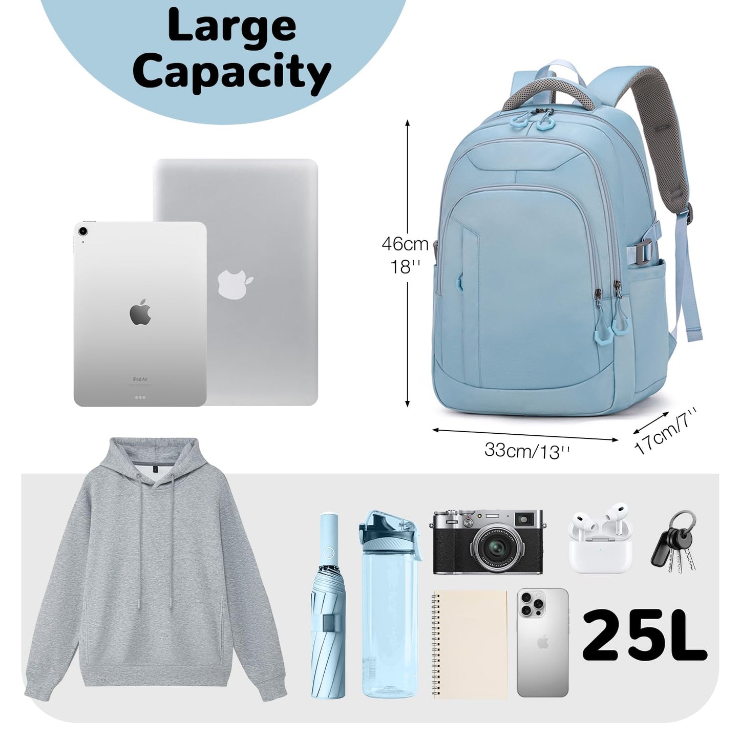 Outplea 25L Travel Laptop Backpack for Women, Carry On Casual Daypack with Luggage Strap for Business, College High School Nurse Bag Backpack with 15.6" Laptop Compartment for Teen Girls, Blue