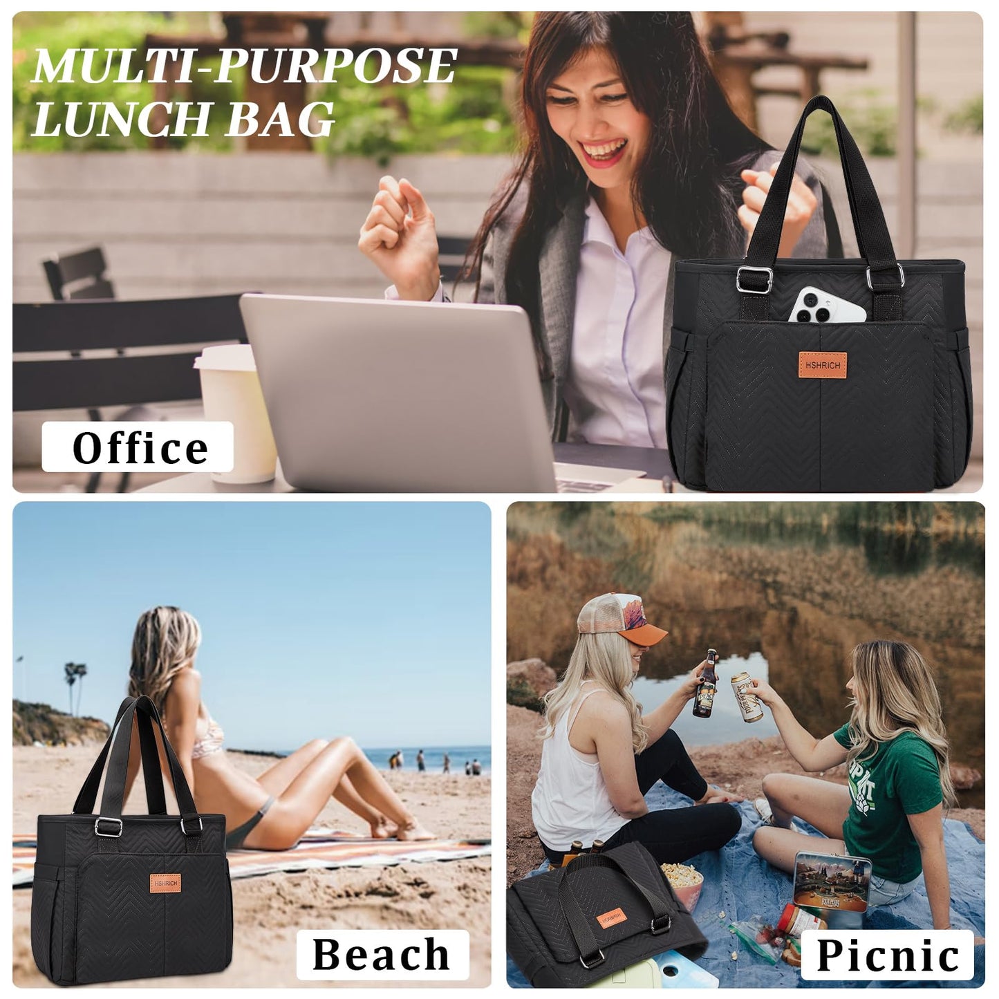 Large Women Lunch Bags for Work/Insulated Adult Lunch Box for Women/Leakproof Cooler Lunch Tote Bag with Storage Pocket. Reusable Lunch Cooler Purse for Work Picnic Hiking 12L, Black