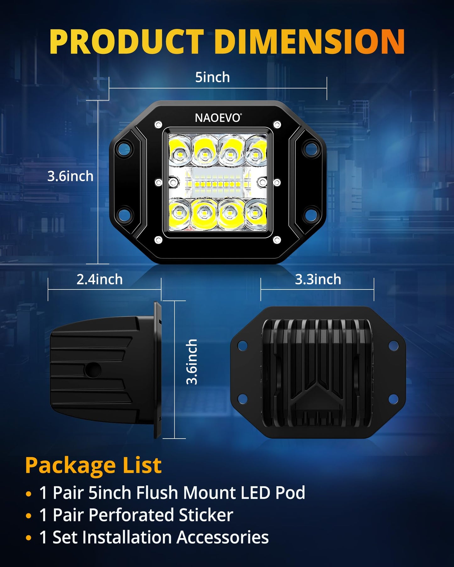 NAOEVO 5 Inch Flush Mount LED Pods Lights, 40W 4000LM Spot Flood Combo LED Light Bar/Offroad/Driving/Fog Lights, LED Reverse/Backup/Work Lights for Trucks Boat 4x4 UTV ATV, 2-Pack (White)
