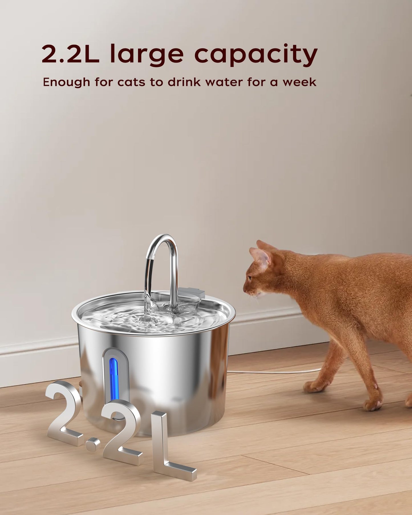 Cat Water Fountain,Stainless Steel Pet Water Dispenser 74oz/2.2L Automatic Cat Fountian,Indoor Quiet Pump Pet Water Fountian,Includes 8 Filters and 8 Sponges