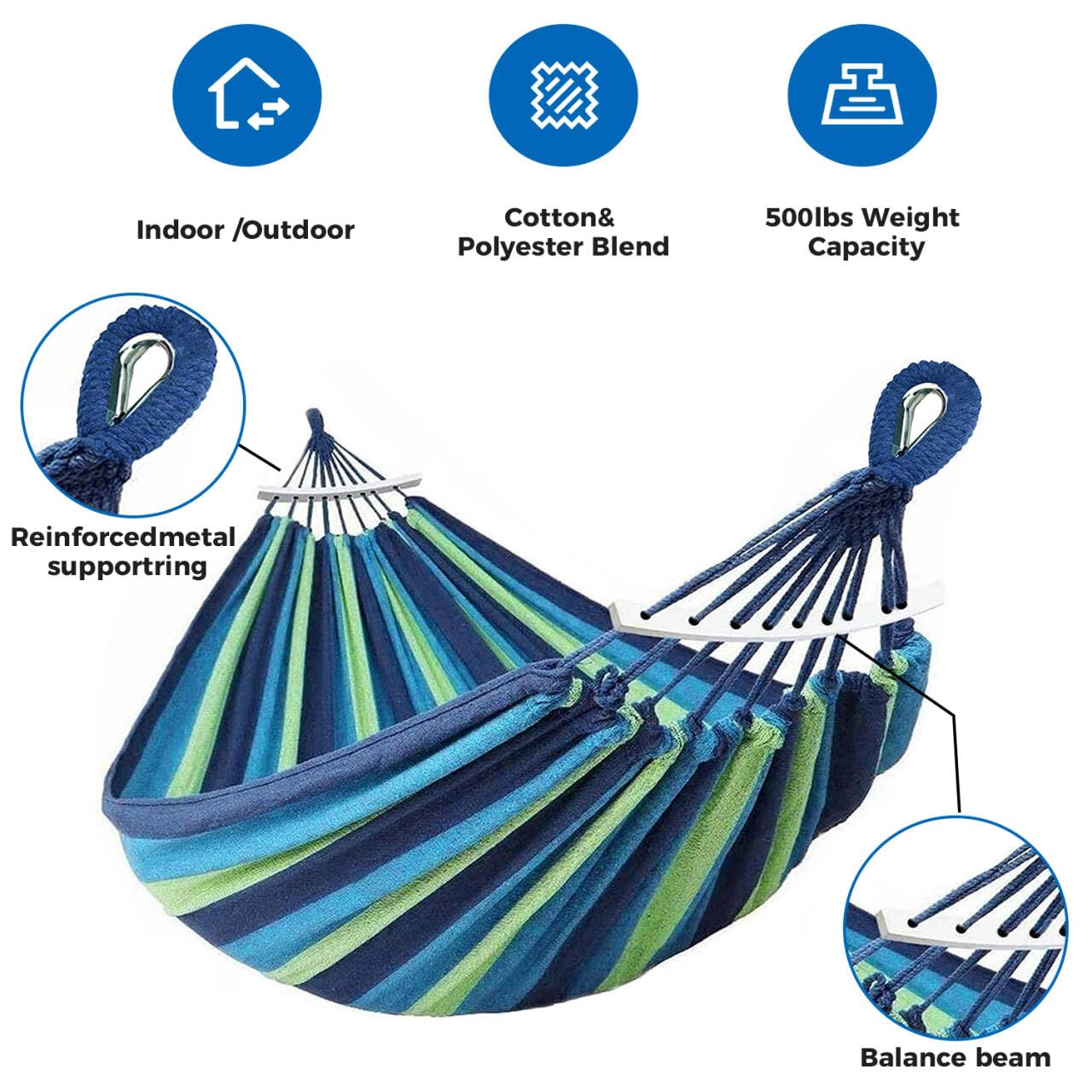 Haibro Brazilian Double Camping Hammock -Upgraded Thickened 320G Durable Canvas Fabric 2 Person Hammocks Swing with Anti Roll Beam, Tree Straps, Carabiners for Beach, Backpacking, Yard, Outdoor Indoor