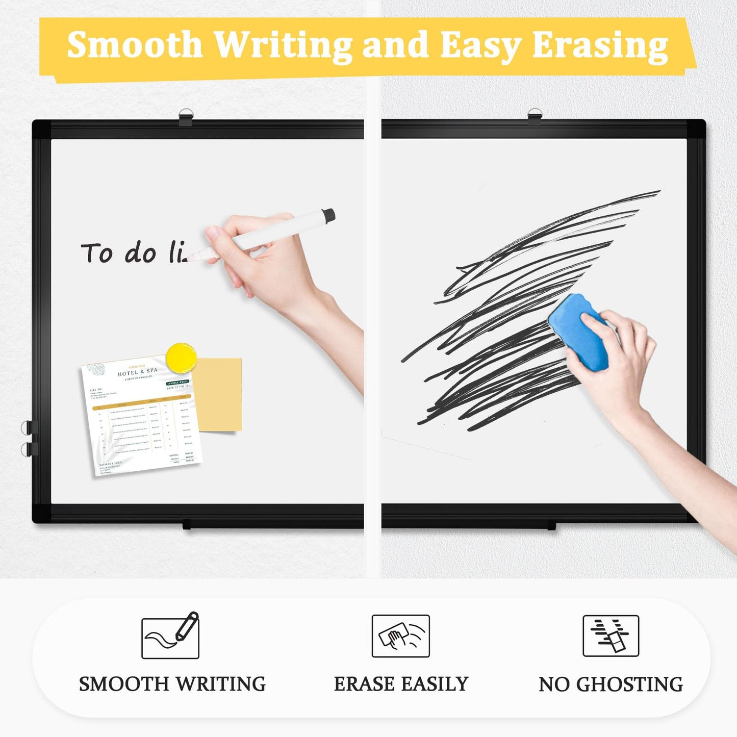 AMUSIGHT Double-Sided Magnetic Whiteboard, 36" x 24" Dry Erase Board Black Aluminum Frame for Wall, White Board Dry Erase Marker Board for Kitchen, Memo, School, Home, Office