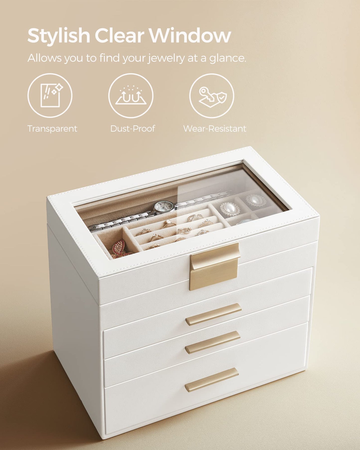 SONGMICS GISELLA Collection - Jewelry Box Organizer, 4-Layer Jewelry Storage with 3 Drawers, Shiny Metal Hardware, Glass Lid, Modern, 15.3 x 25.1 x 21.5 cm, Cloud White and Gold Color UJBC161W01