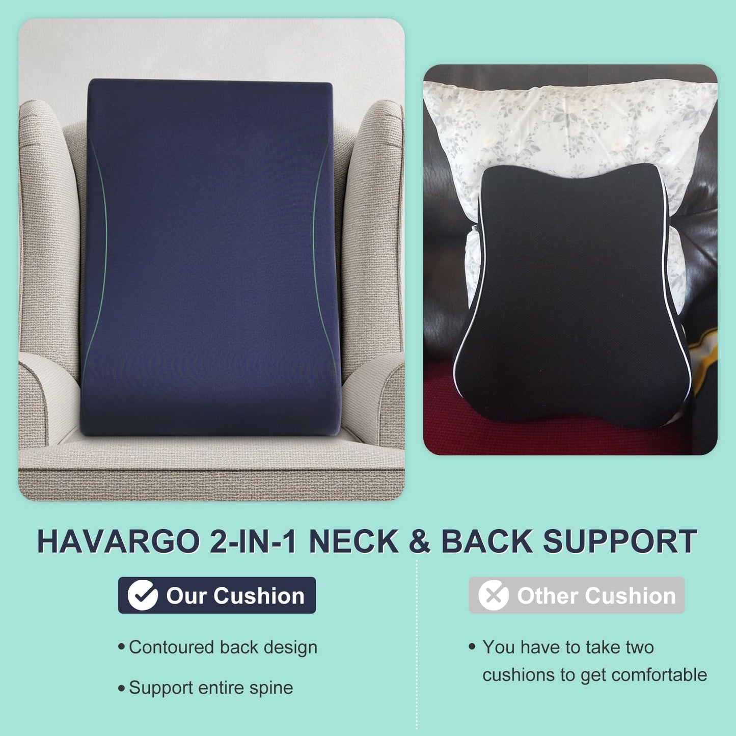 HAVARGO 2-in-1 Neck Pillow Lumbar Support Pillow for Recliner Couch - High-Density Foam Cushion Ergonomic Back Support for High-Back Rocking Chairs, Gaming Chair, Sofa to Relax The Back, Medium