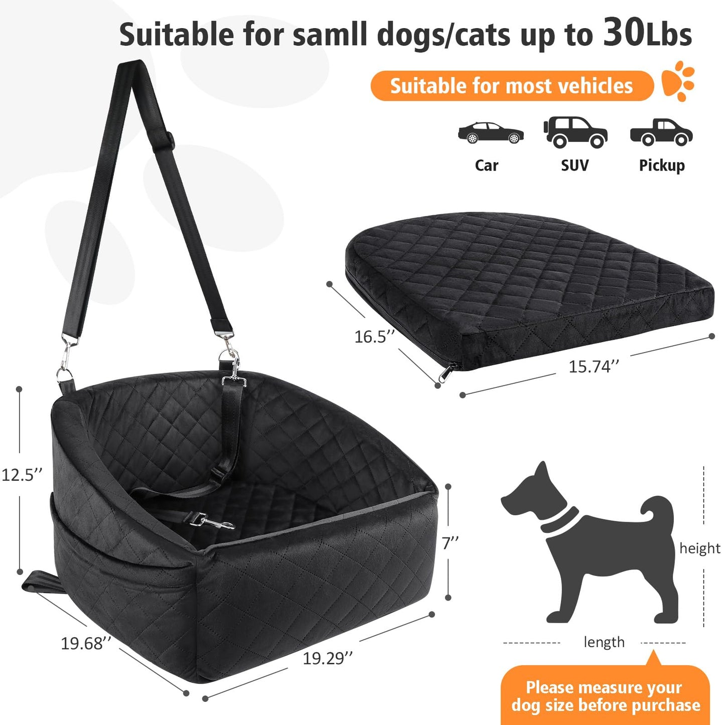 Dog Car Seat for Small Medium Dogs,Detachable Washable Dog Booster Seat Under 35lbs, Pet Car Seat Travel Bed with Storage Pockets and Dog Safety Belt (Black)