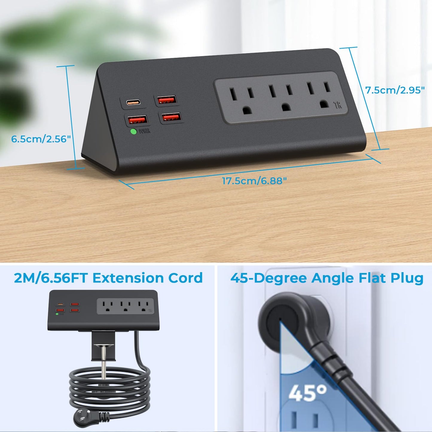 Desk Power Bar with PD 20W USB C, Haiaoyyds Nightstand Charging Station with 3 Outlets, 4 USB Ports, Desk Surge Protector Connect 6.56FT Flat Plug, Desktop Power Supply for Office, Home (Black)