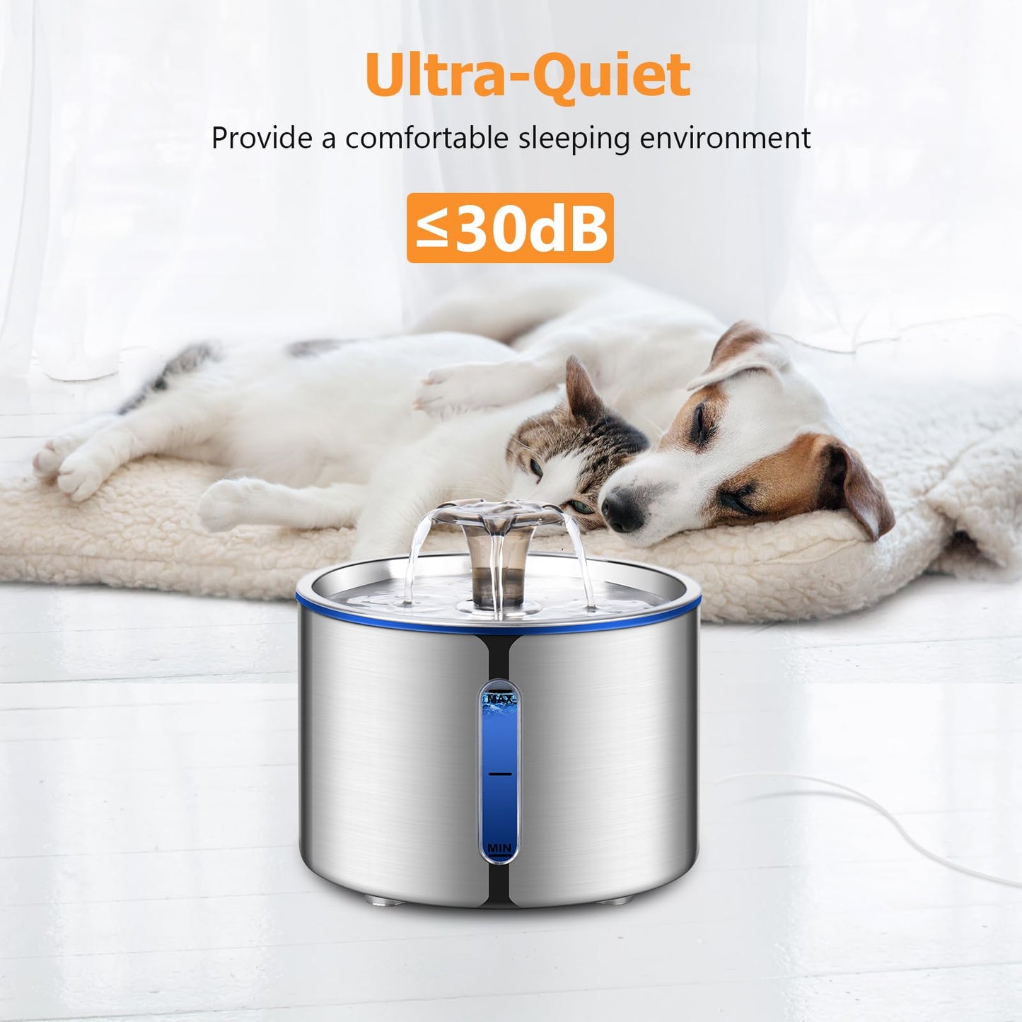 BOORCA Cat Water Fountain, 2.5L Stainless Steel Pet Water Dispenser, Ultra-Quiet Pump, Perfect for Cats, Dogs and Multiple Pets