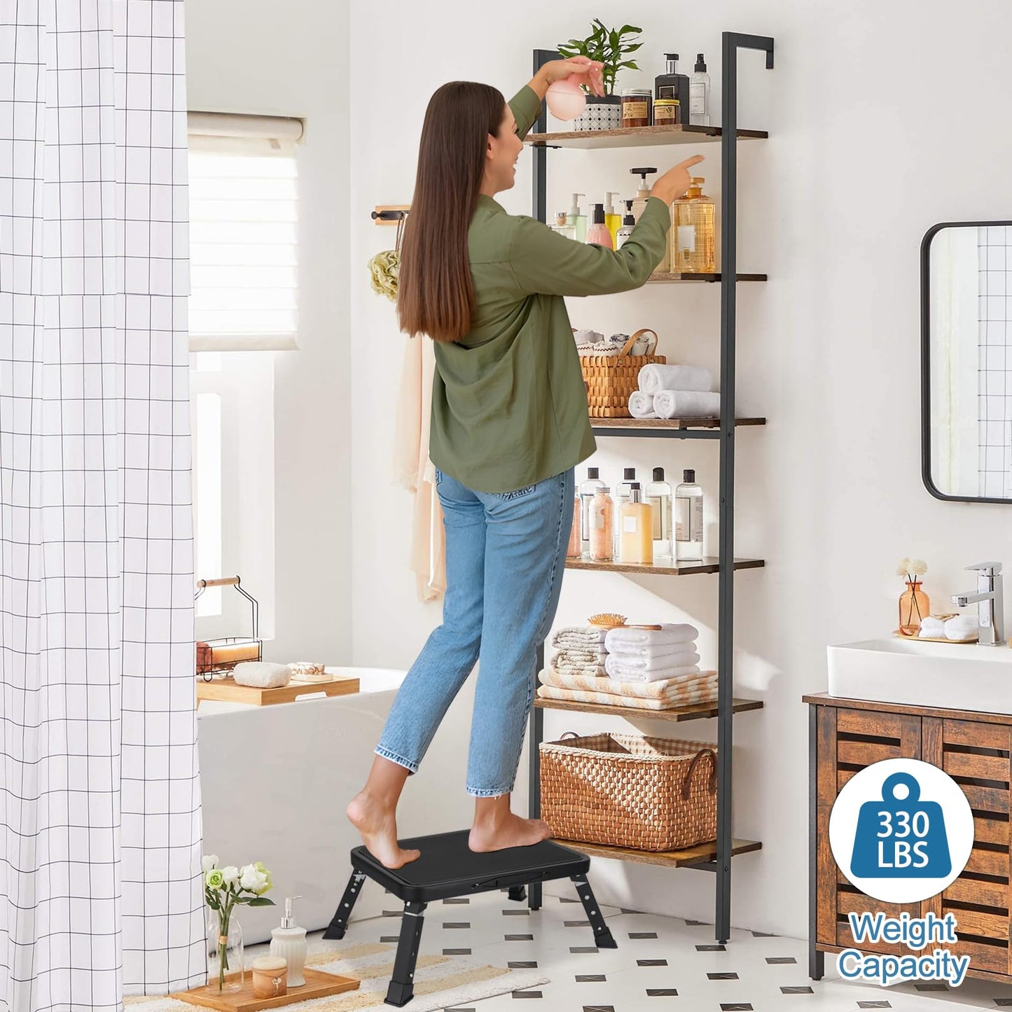 One Step Stool for Adults Folding and Height Adjustable with Non-Slip Rubber Stepping Surface and Portable Handle, RV Steps Stool 330LBS Capacity for Kitchen, Office, Home (Black)