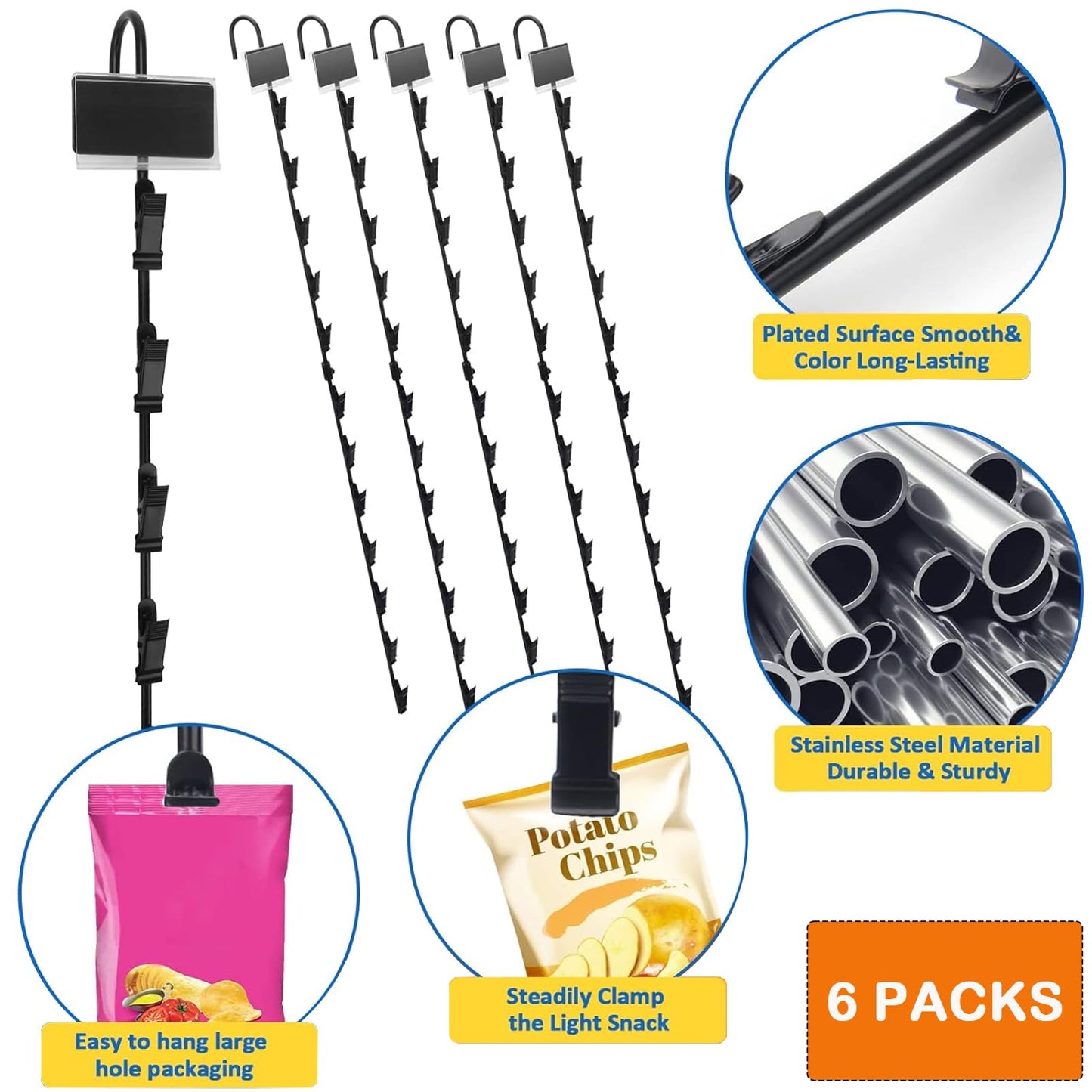 6 Packs Merchandise Hanging Strips with Hooks,Metal Chip Retail Display Strips, Merchandise Display Hanging Strips with 6pcs Label Plate and a Phillips Screwdriver