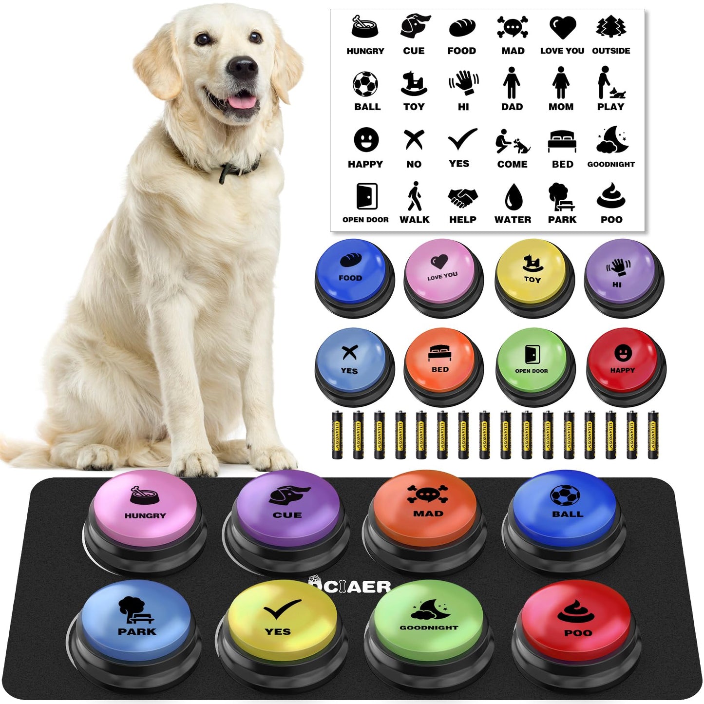 Dog Buttons for Communication,8 PCS 30s Recordable Voice Pet Training Button,with Training Manual Book+16 AAA Batteries+24 Scene Modes+1Dog Button Mat (Dog Buttons for Communication)