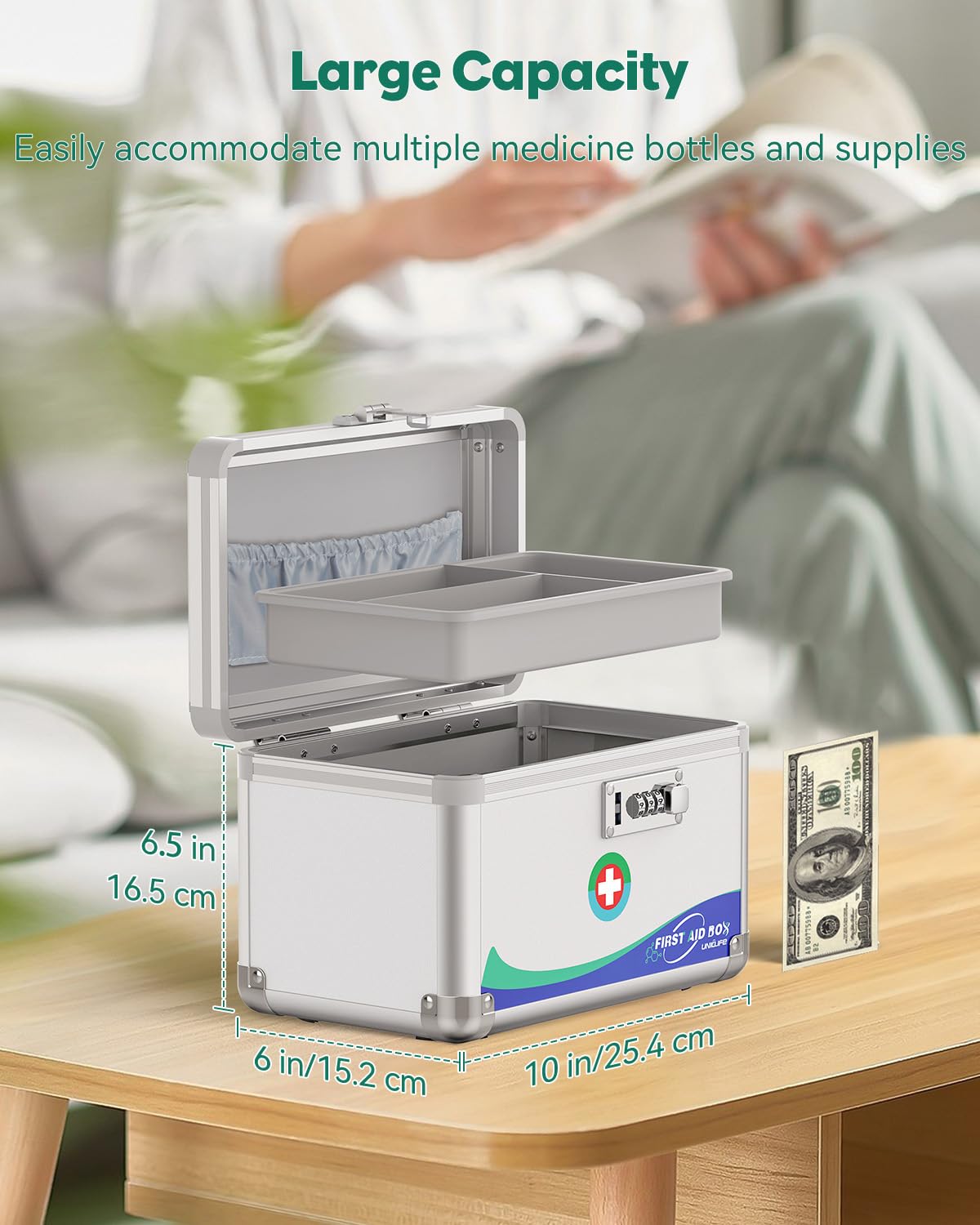 Uniclife Medicine Box Emergency Box with Combination Lock and Handle Metal Lockable Medicine Storage Box, 10" x 6" x 6.5"