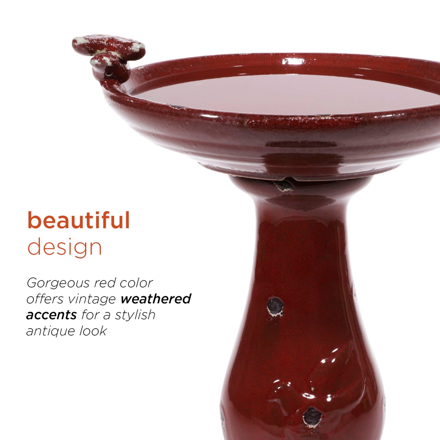Alpine Corporation 25" Tall Outdoor Ceramic Antique Pedestal Birdbath with 2 Bird Figurines, Red
