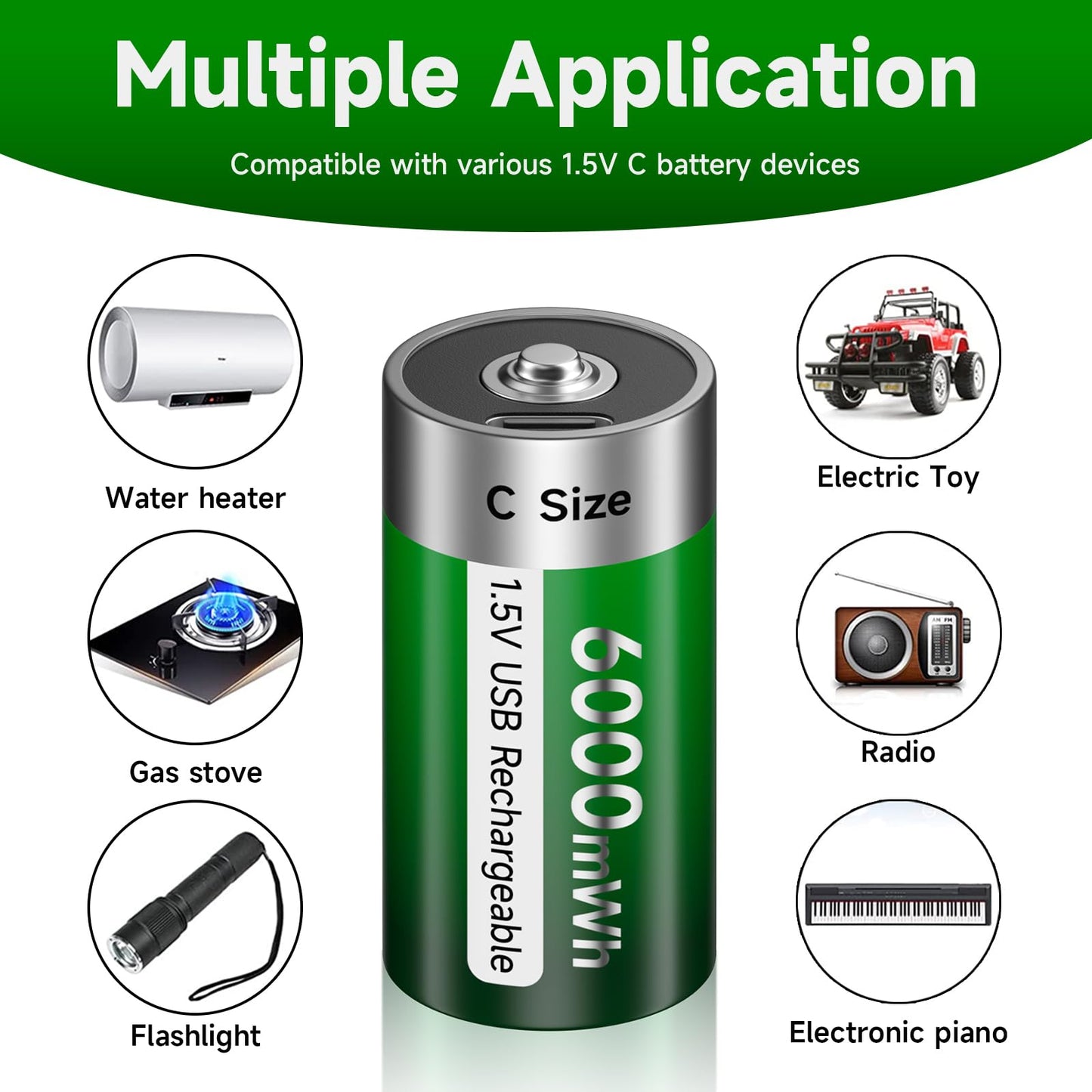 Palogreen USB C Rechargeable Batteries 1.5V Constant Output, 6000mWh D Cell with Type-C Charging Cable, LR20 Replacement Battery for Flashlight, Toys, Water-Heater -6 Pack