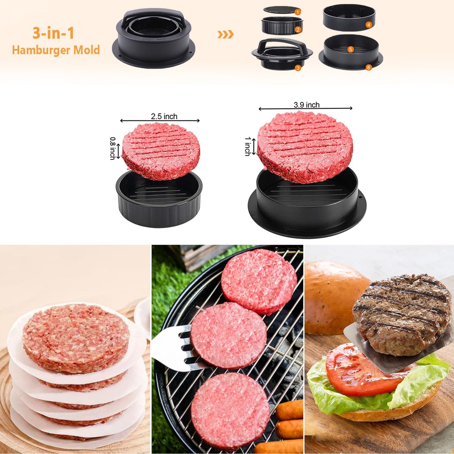 Smash Burger Press kit - 2 lb Round & 1.8 lb Rectangle Cast Iron Burger Press - Griddle Spatula - 3 in 1 Hamburger Patty Maker - 50 Patty Papers, Bacon Press with Wood Handle for BBQ Grill Accessories