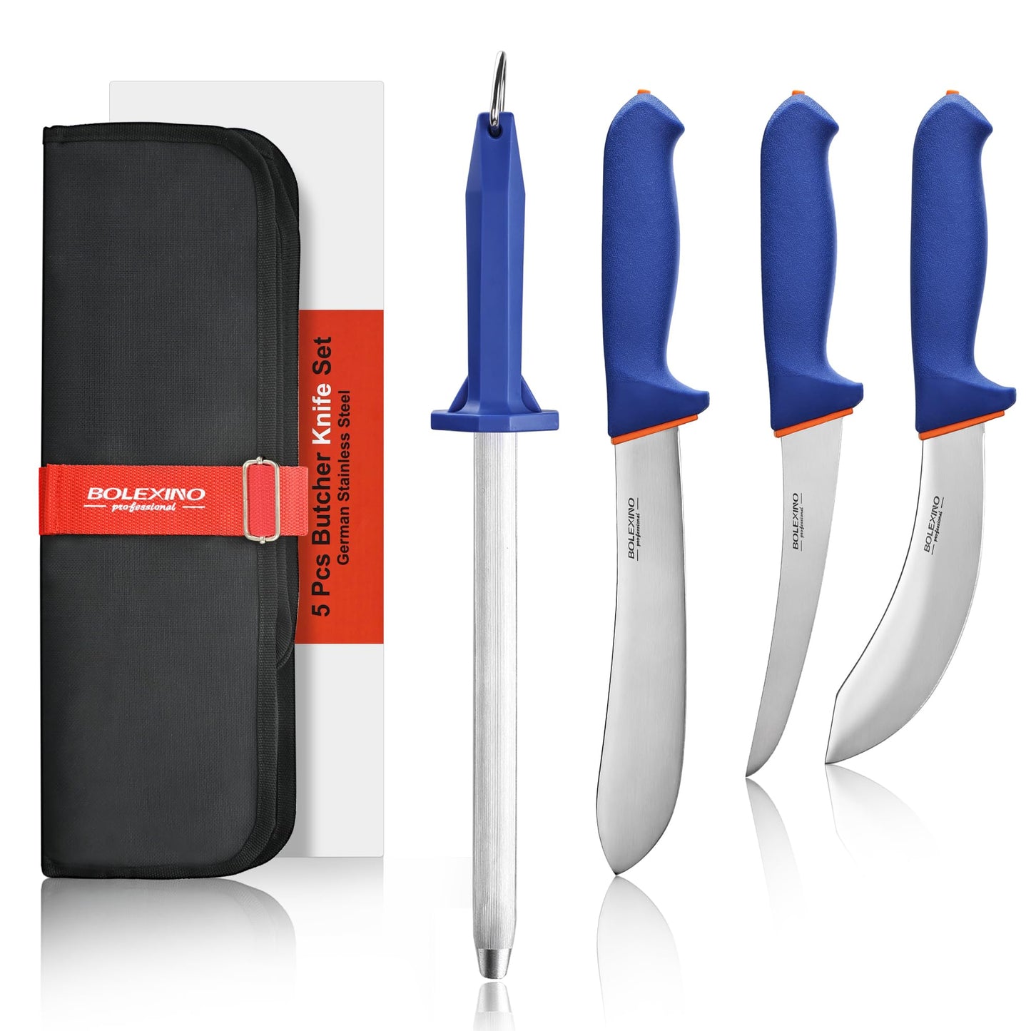 BOLEXINO 5 PCS Butcher Knife Set with Non-Slip Softgrip, Commerical Grade for Meat Cutting Skinning Boning Slicing, Incl. 10" Sharpener Rod & Portable Knife Roll Bag, X50CrMoV15 German Steel