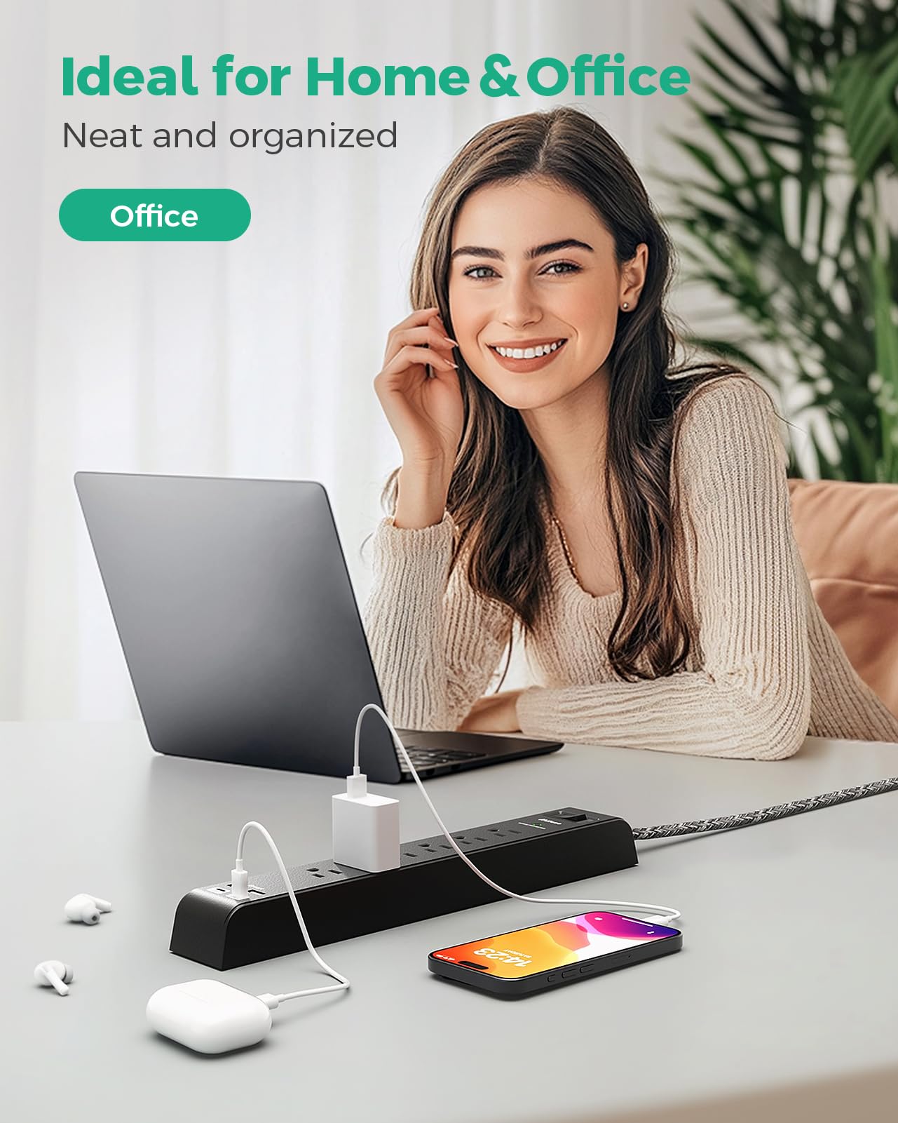 2 Pack-12FT Long Power Bar Surge Protector - with 6 Outlets 4 USB Ports, Heavy-Duty Braided Extension Cord, Flat Plug, 900 Joules, 15A Circuit Breaker, Wall Mount for Home Office