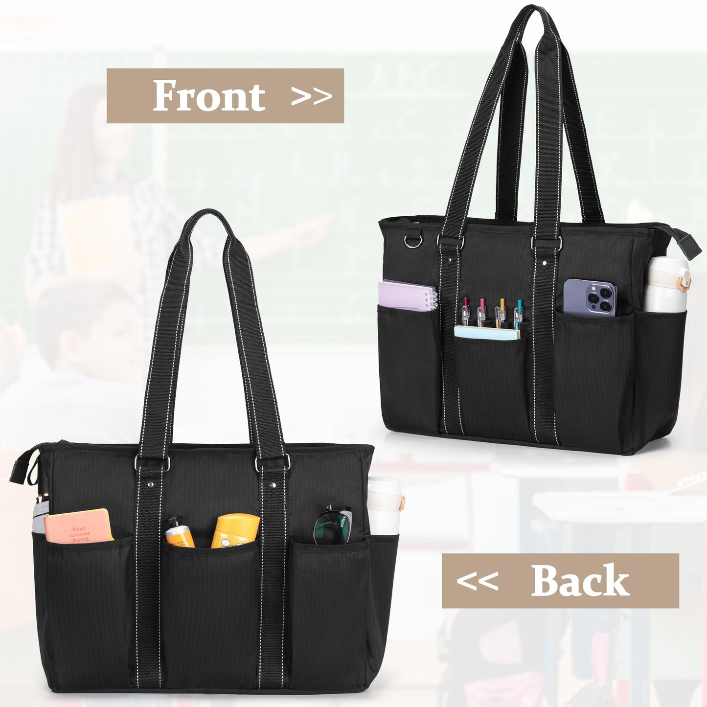 Damero Teacher Tote Bag with Padded Laptop Sleeve, Teacher Work Bag Utility Bag for School, Black