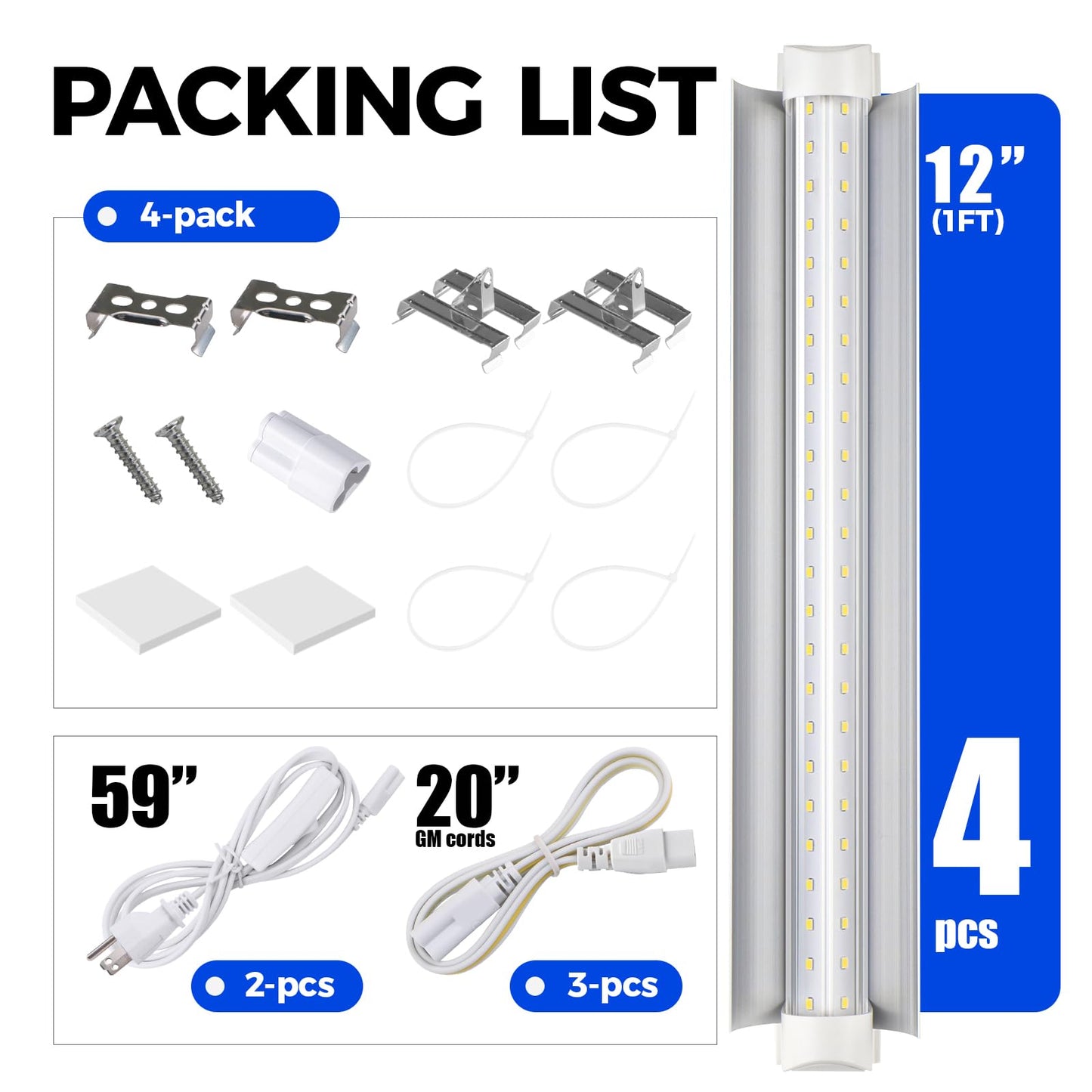 Barrina T8 Grow Lights for Indoor Plants, 5000K White Full Spectrum Grow Light Strip, 60W(4 x 15W), 1FT Plant Light for Greenhouse Indoor Growing, V-Shape with Reflector, Linkable, 4 Packs