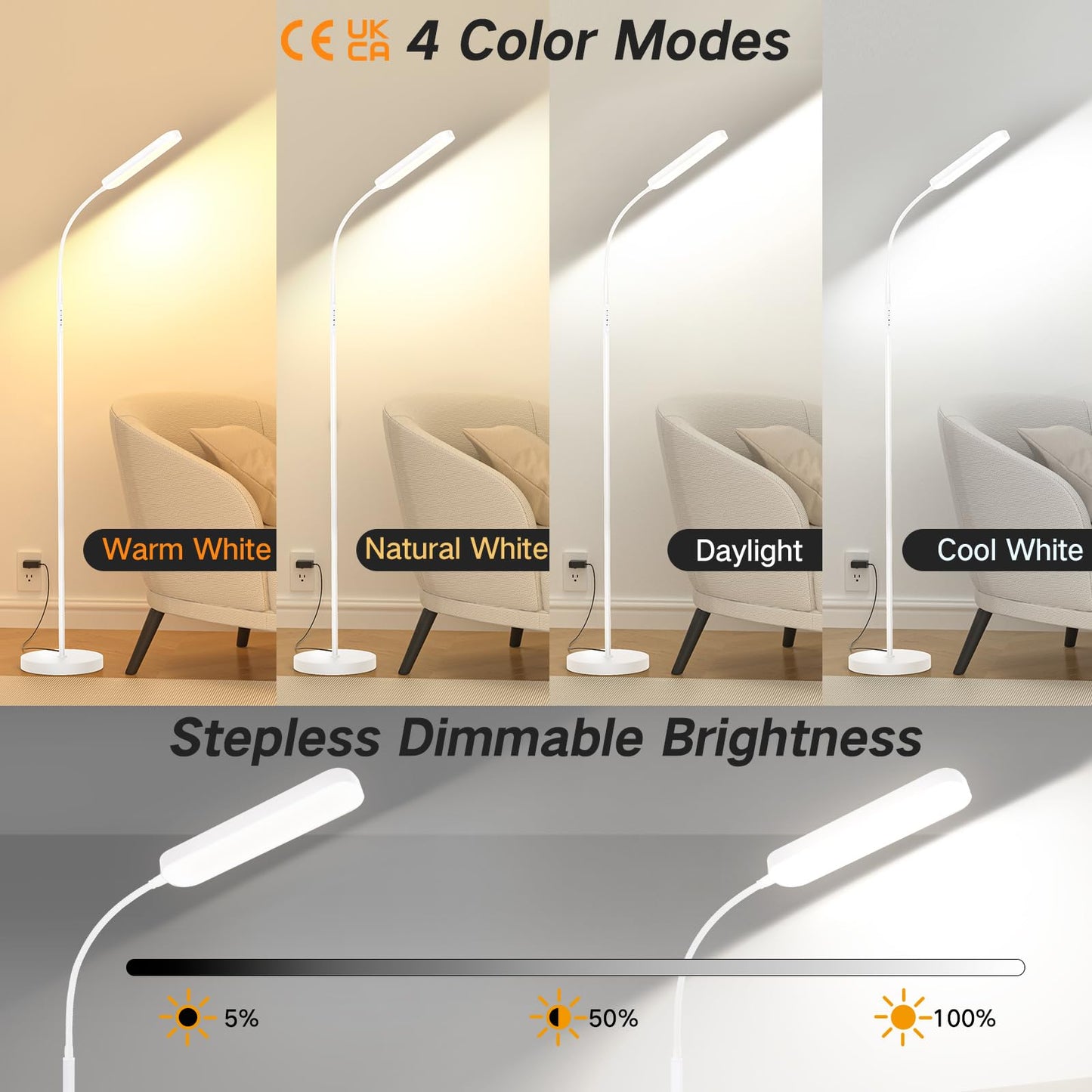OUTON LED Floor Lamp 15W 1500LM, Dimmable Modern Standing Lamp with 4 Color Temperature, Remote & Touch Control, 1 Hour Timer, Adjustable Gooseneck for Reading Living Room Bedroom Office, White